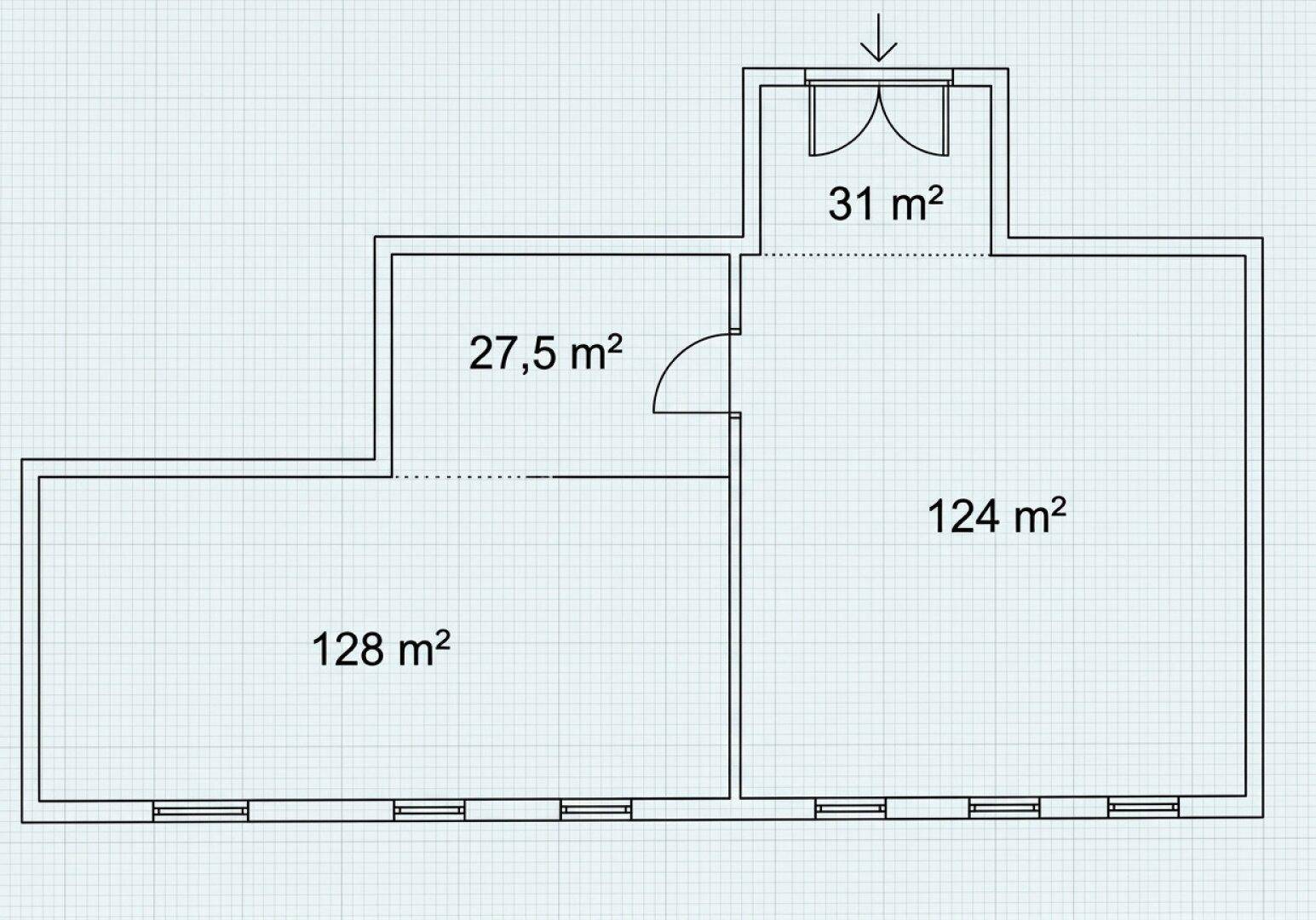 Grundriss mit mehreren großen Räumen und Fensterfronten, Gesamtfläche 310,5 m².