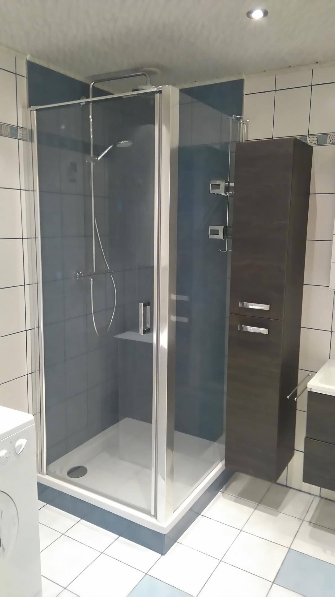 Badezimmer mit moderner Duschkabine, hellen Fliesen und dunklem Hochschrank für zusätzlichen Stauraum.