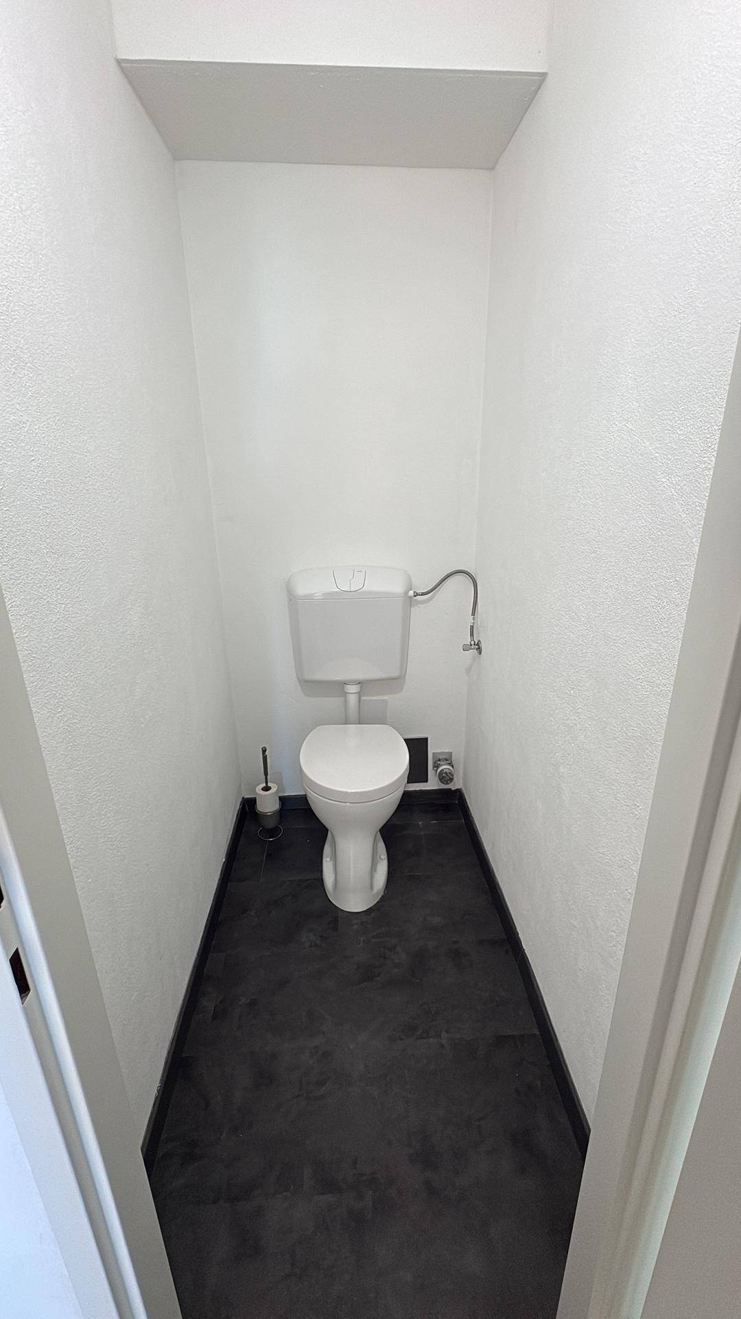 Kleines WC mit weißer Toilette, hellen Wänden und dunklem Fliesenboden.