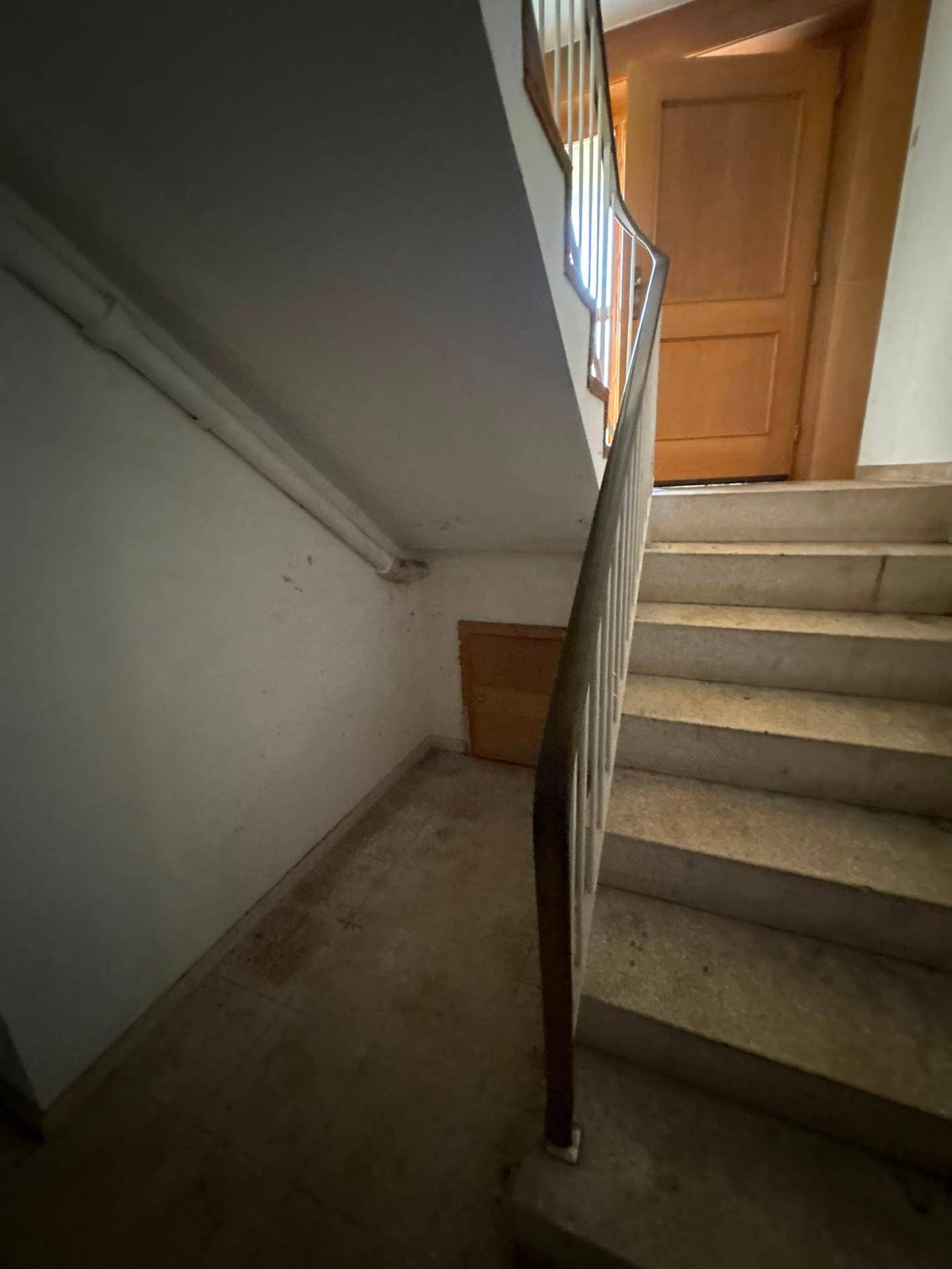 Treppenabgang in den Keller mit Betonstufen und einfachem Holzgeländer.