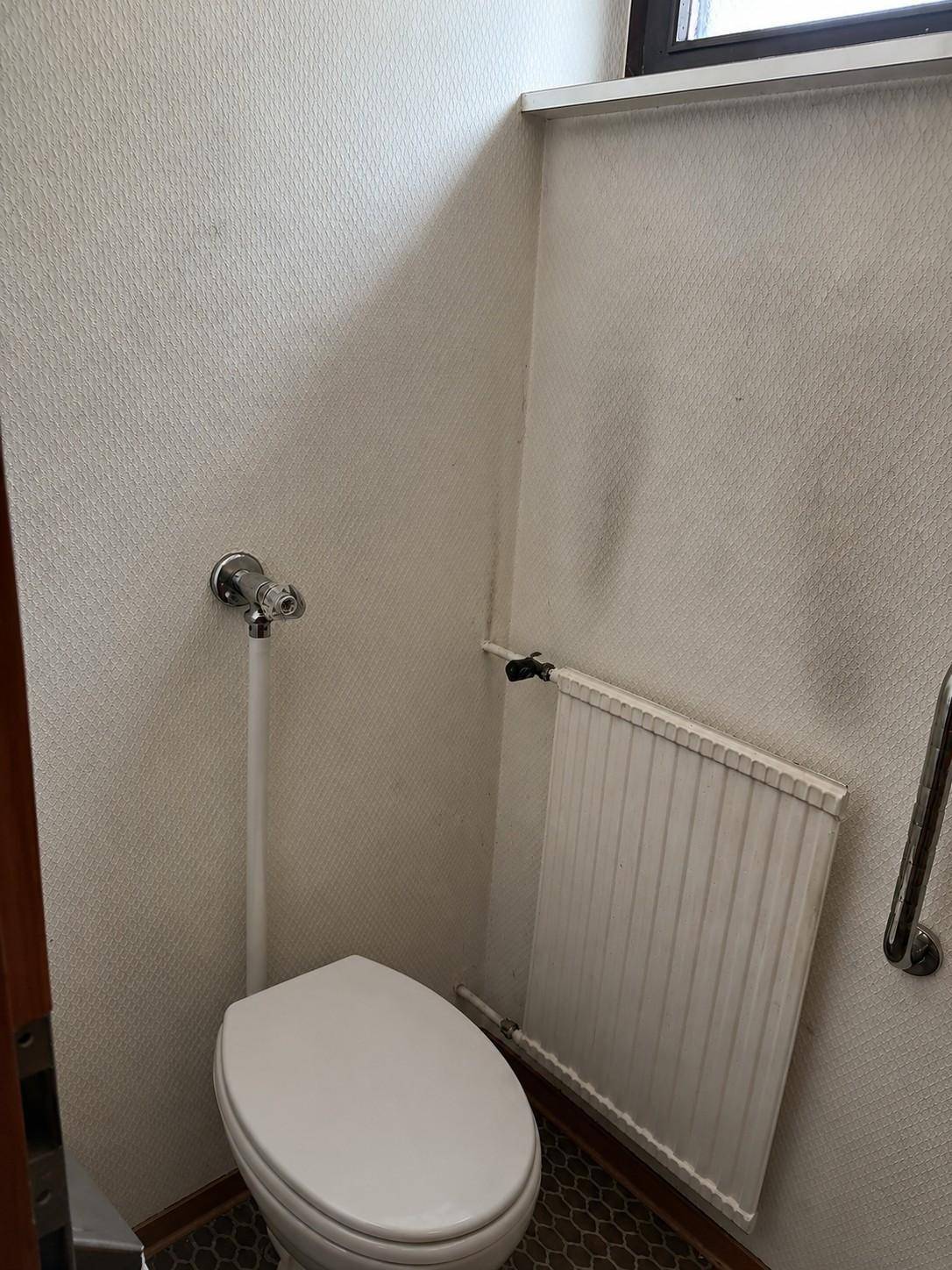 Kleines Gäste-WC mit Toilette, Heizung und Fenster für natürliche Belüftung, funktional eingerichtet.
