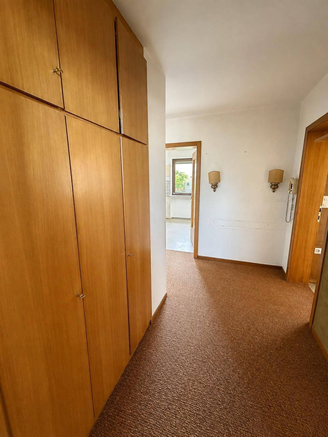 Langer Flur mit Teppichboden und durchgehendem Einbauschrank aus Holz.