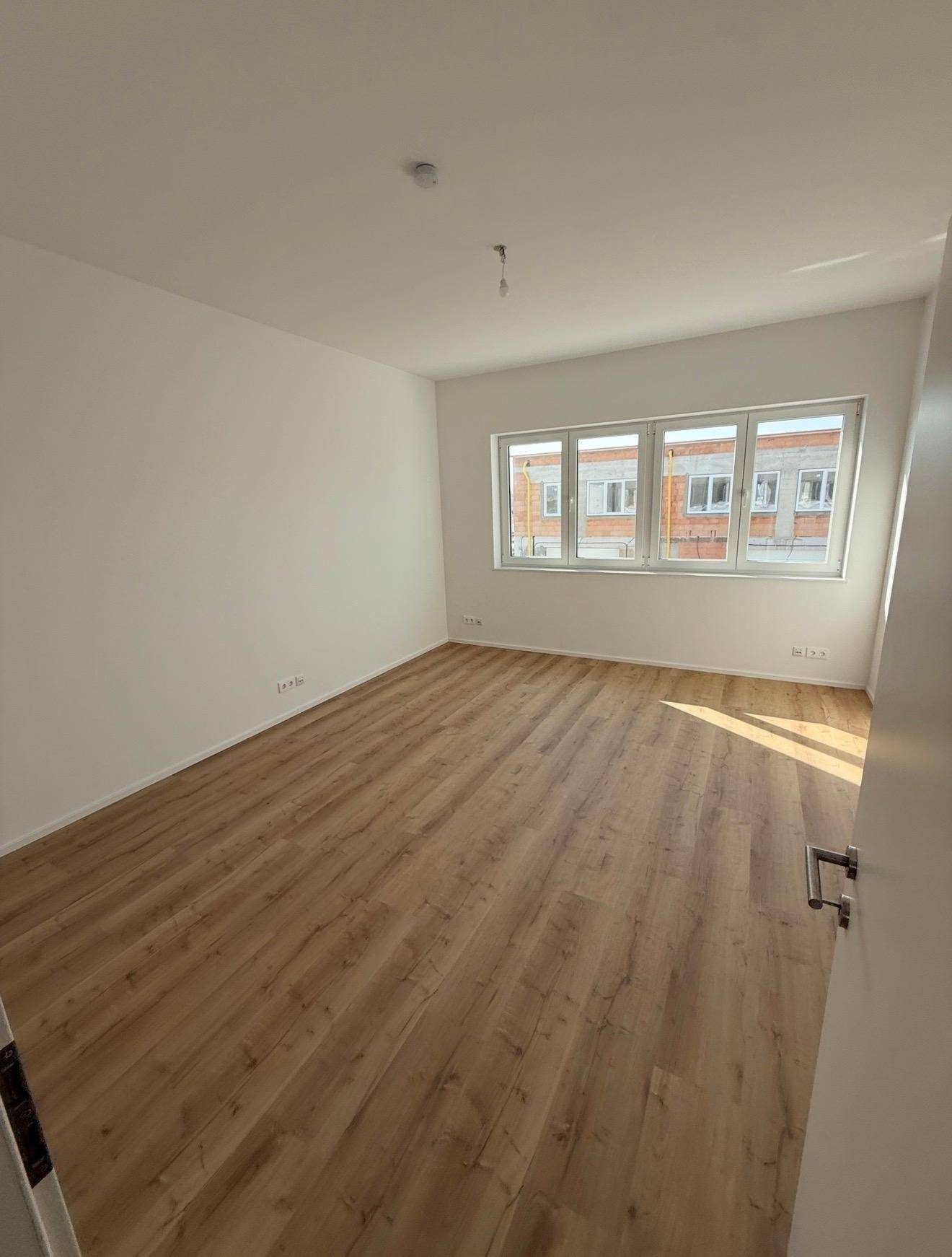 Geräumiger, heller Büroraum mit Laminatboden und großen Fenstern, viel Tageslicht.