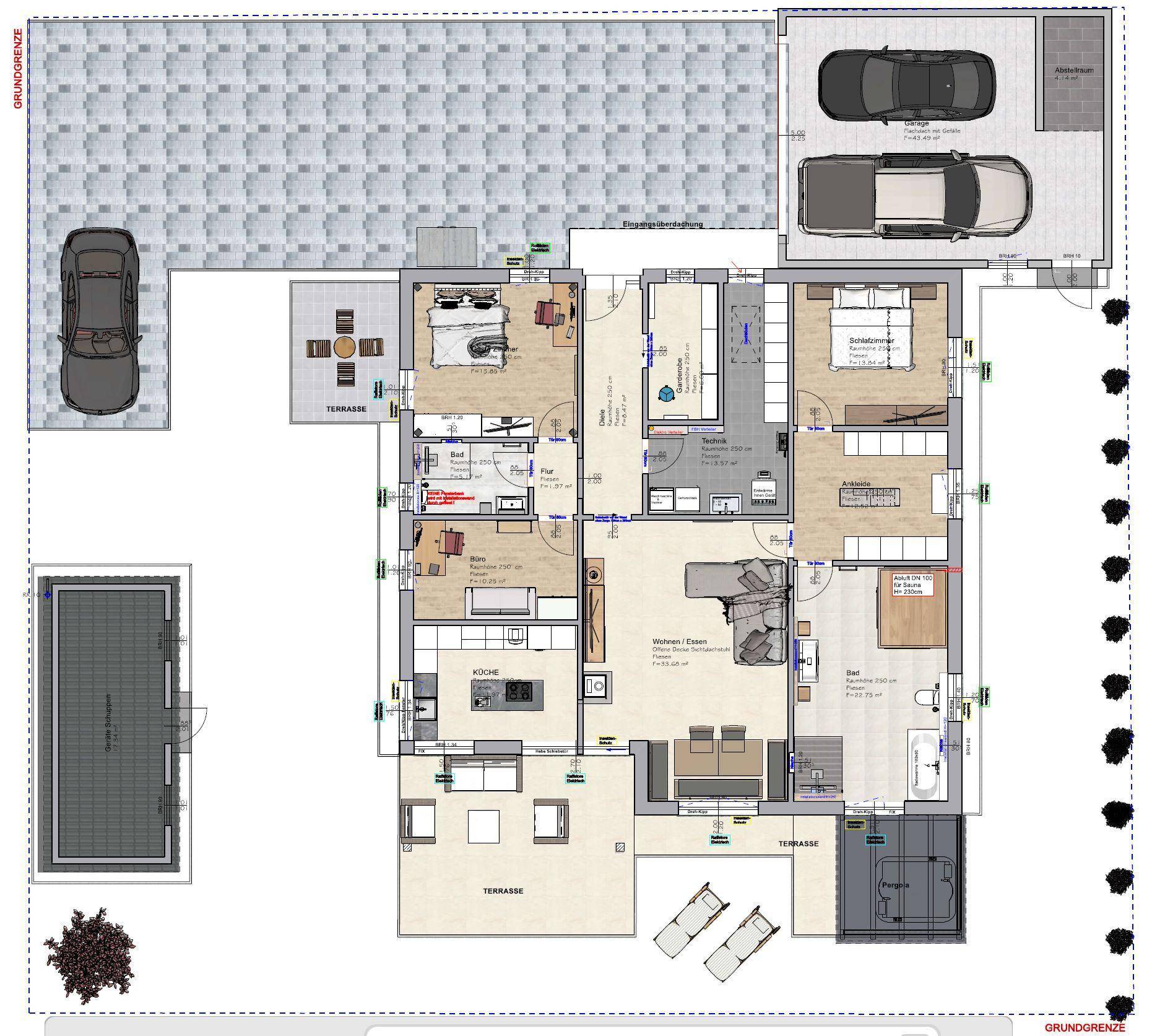 Detaillierter Grundriss des Hauses mit mehreren Zimmern, Terrassen und Parkplätzen.