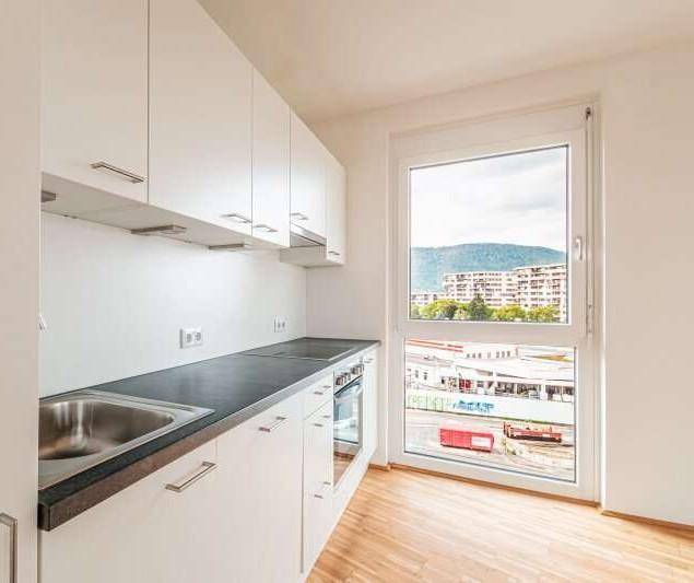 Moderne Einbauküche mit weißen Schränken, dunkler Arbeitsplatte und Fenster mit Bergblick.
