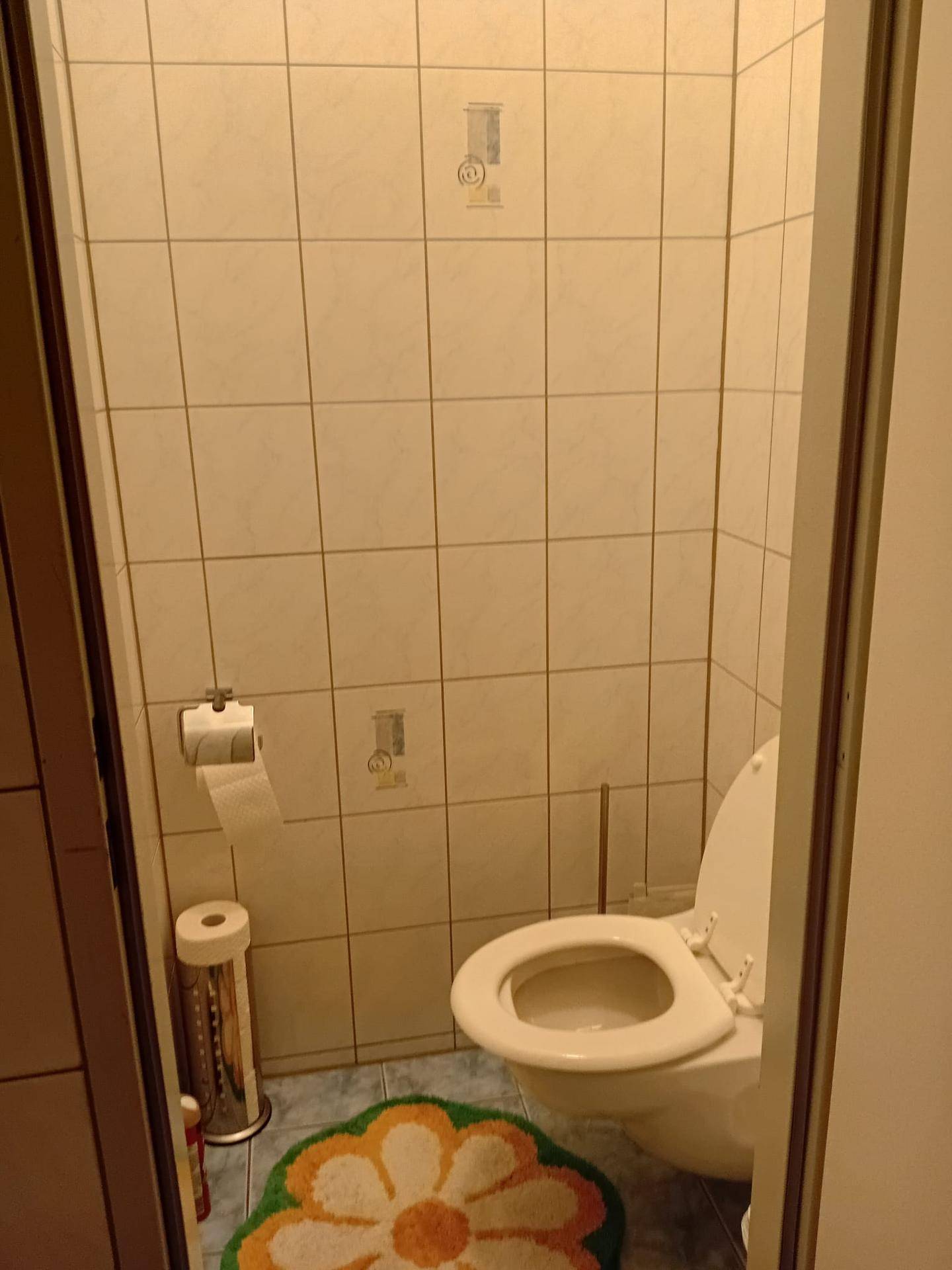 Separate Toilette mit weißen Fliesen an den Wänden und einem farbigen Teppich.