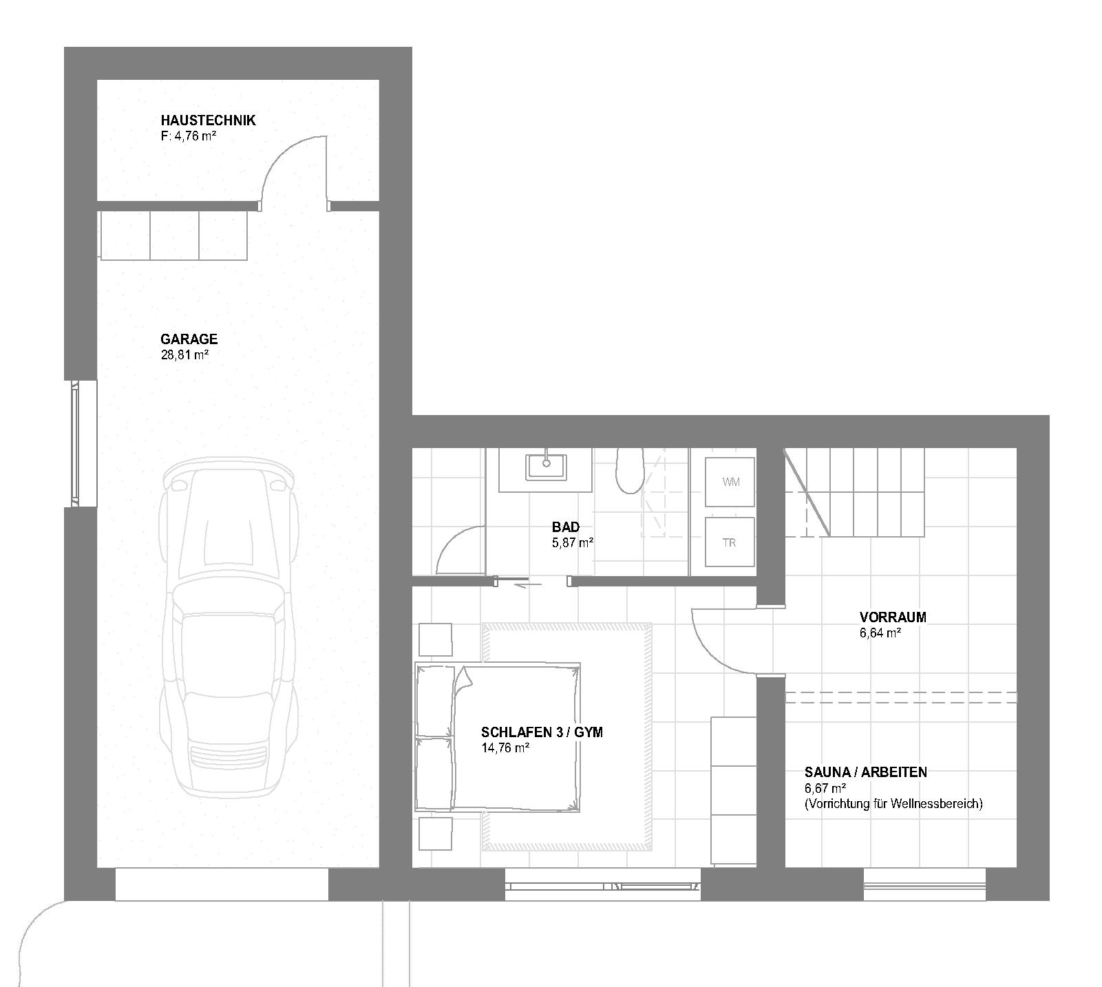 Grundriss des Untergeschosses mit Garage, Bad, Schlafzimmer und Vorbereitung für Wellnessbereich.
