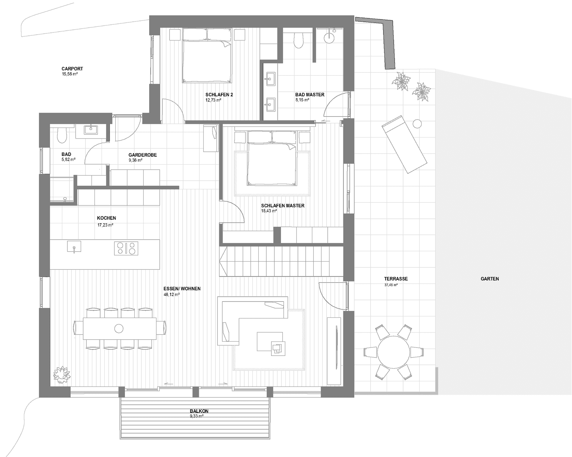 Grundriss des Erdgeschosses mit offenem Wohn-Essbereich, Küche, Schlafzimmern und Terrasse.