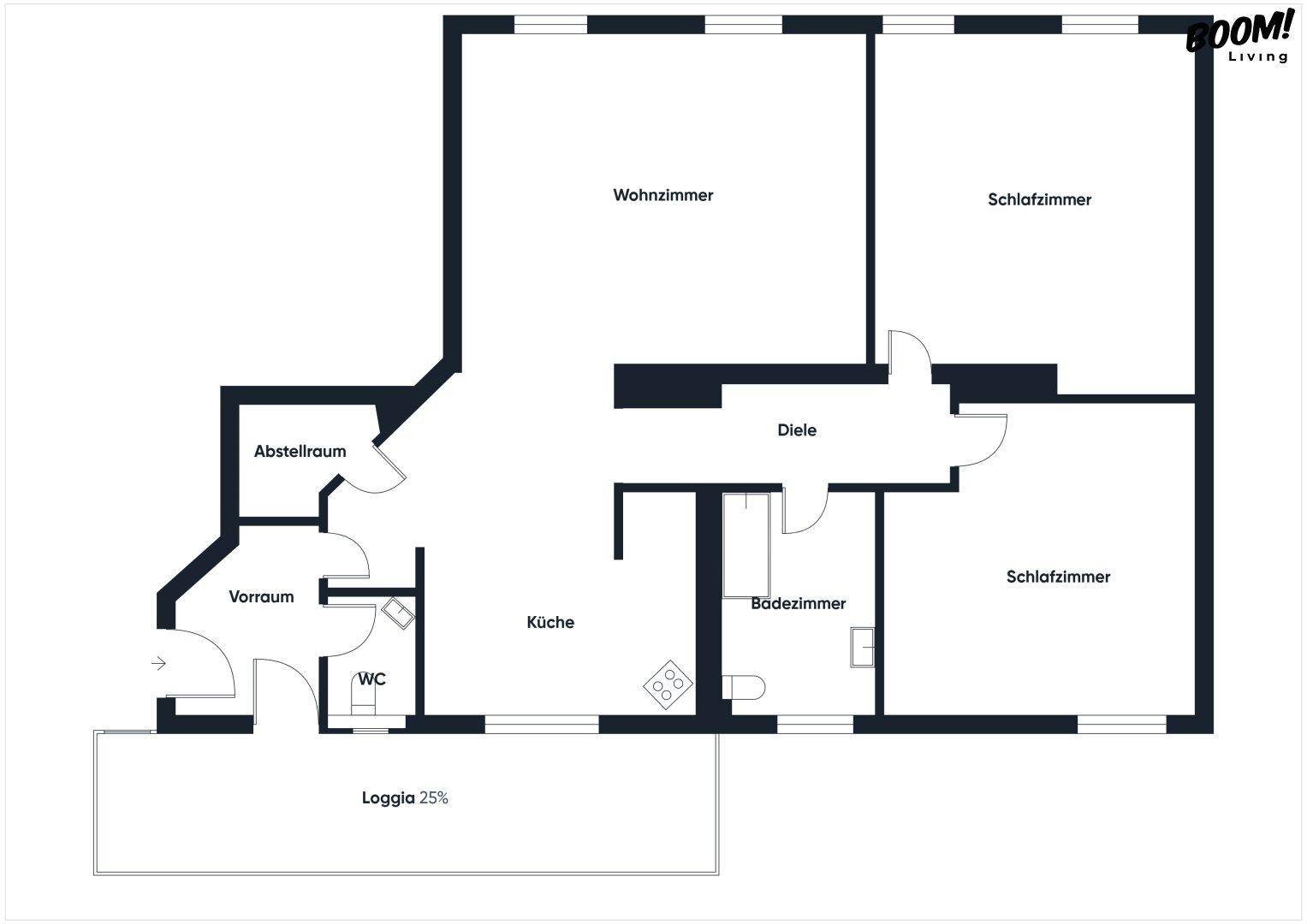 Grundriss der Wohnung mit Wohnzimmer, zwei Schlafzimmern, Küche und Loggia.