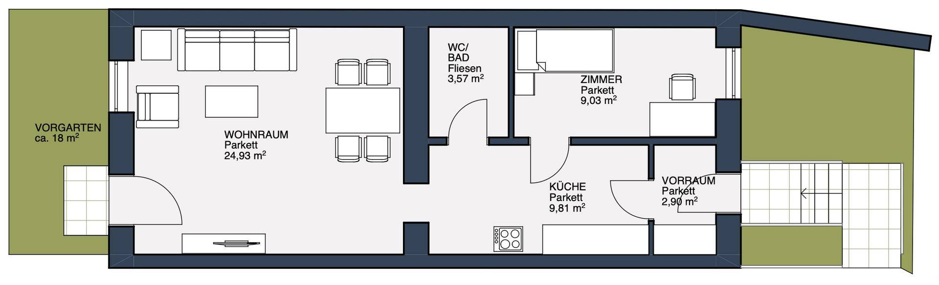 Grundriss einer Wohnung mit Wohnzimmer, Schlafzimmer, Küche und Vorgarten.