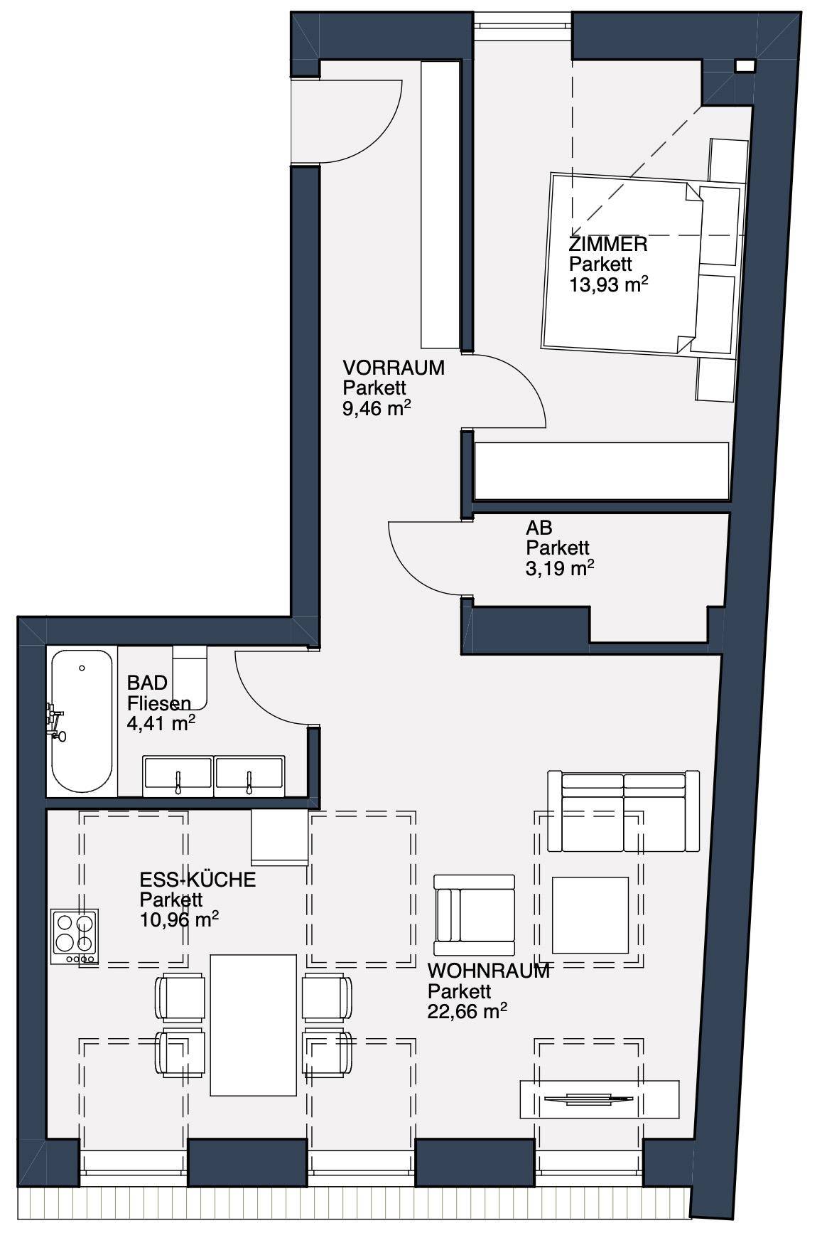 Grundriss einer Wohnung mit separatem Schlafzimmer, Bad und offenem Wohn-Essbereich.