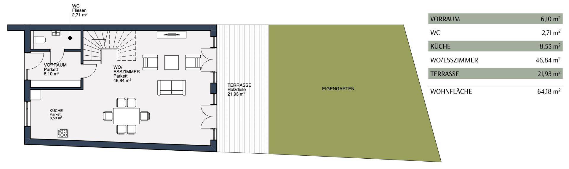 Grundriss des Erdgeschosses mit offenem Wohnbereich, Küche, Terrasse und Garten.