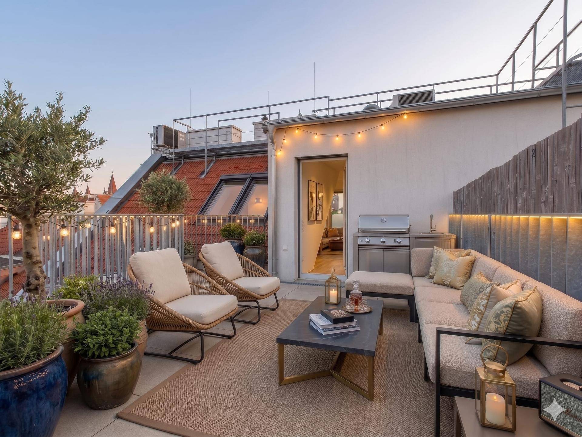 Beleuchtete Dachterrasse am Abend mit Lounge-Möbeln, Grill und Stadtblick.
