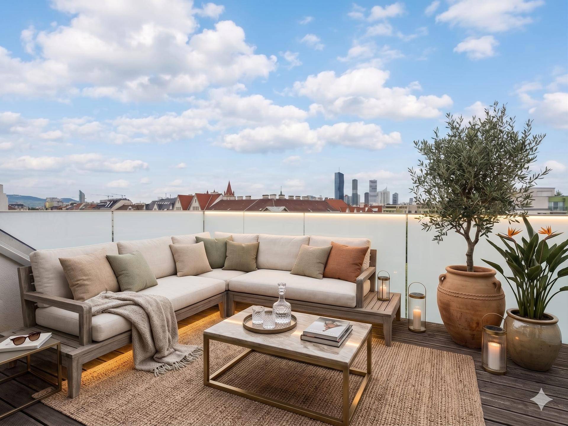 Große Dachterrasse mit bequemen Lounge-Möbeln, Pflanzen und Stadtblick unter blauem Himmel.