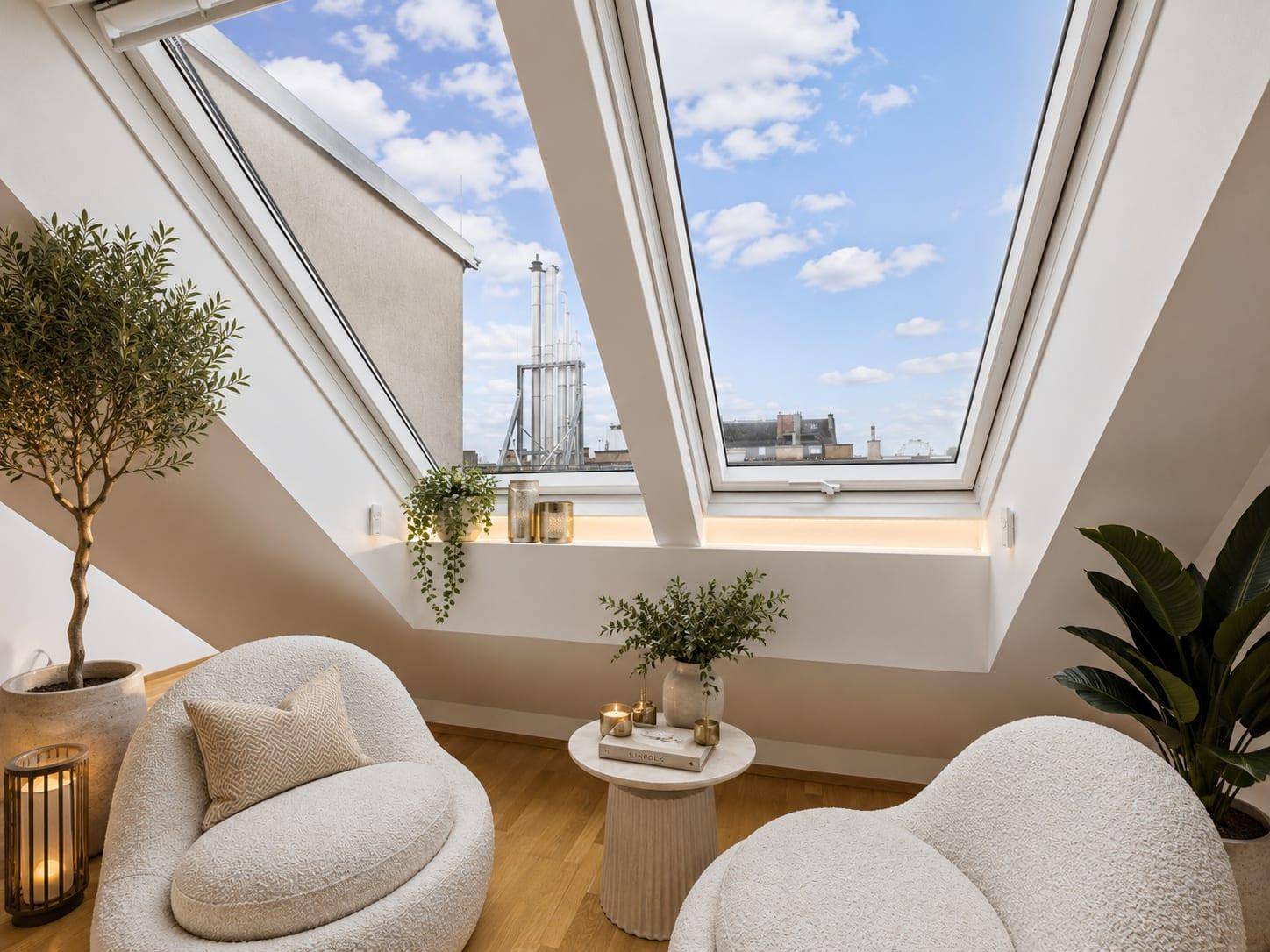 Gemütliche Sitzecke unter Dachfenstern mit Blick auf die Stadt und viel Tageslicht.