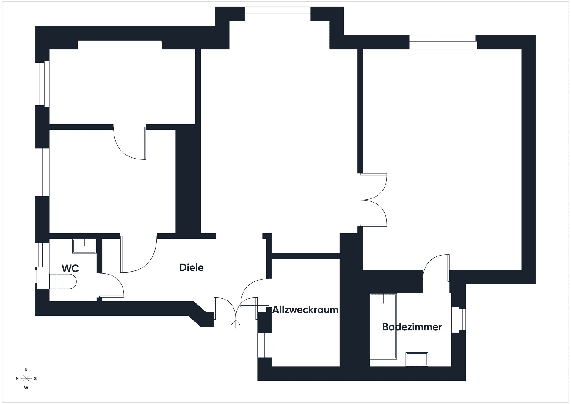 Grundriss einer Wohnung mit Diele, Badezimmer, WC und Allzweckraum.