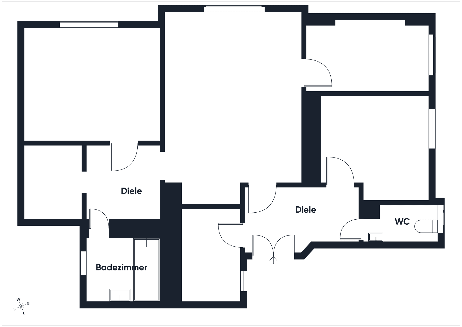 Grundriss einer Wohnung mit Diele, Badezimmer und separatem WC.