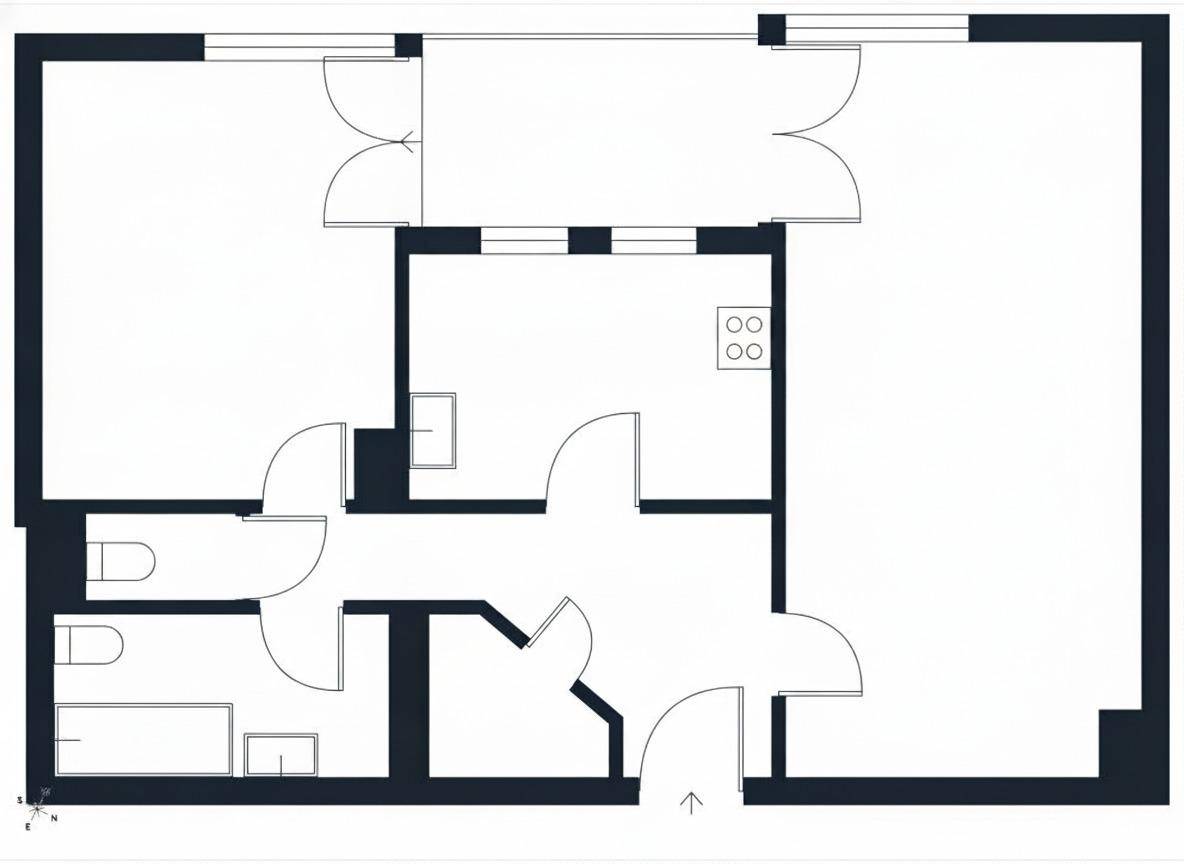Grundriss einer Wohnung mit mehreren Zimmern, Bad mit Badewanne und separatem WC.