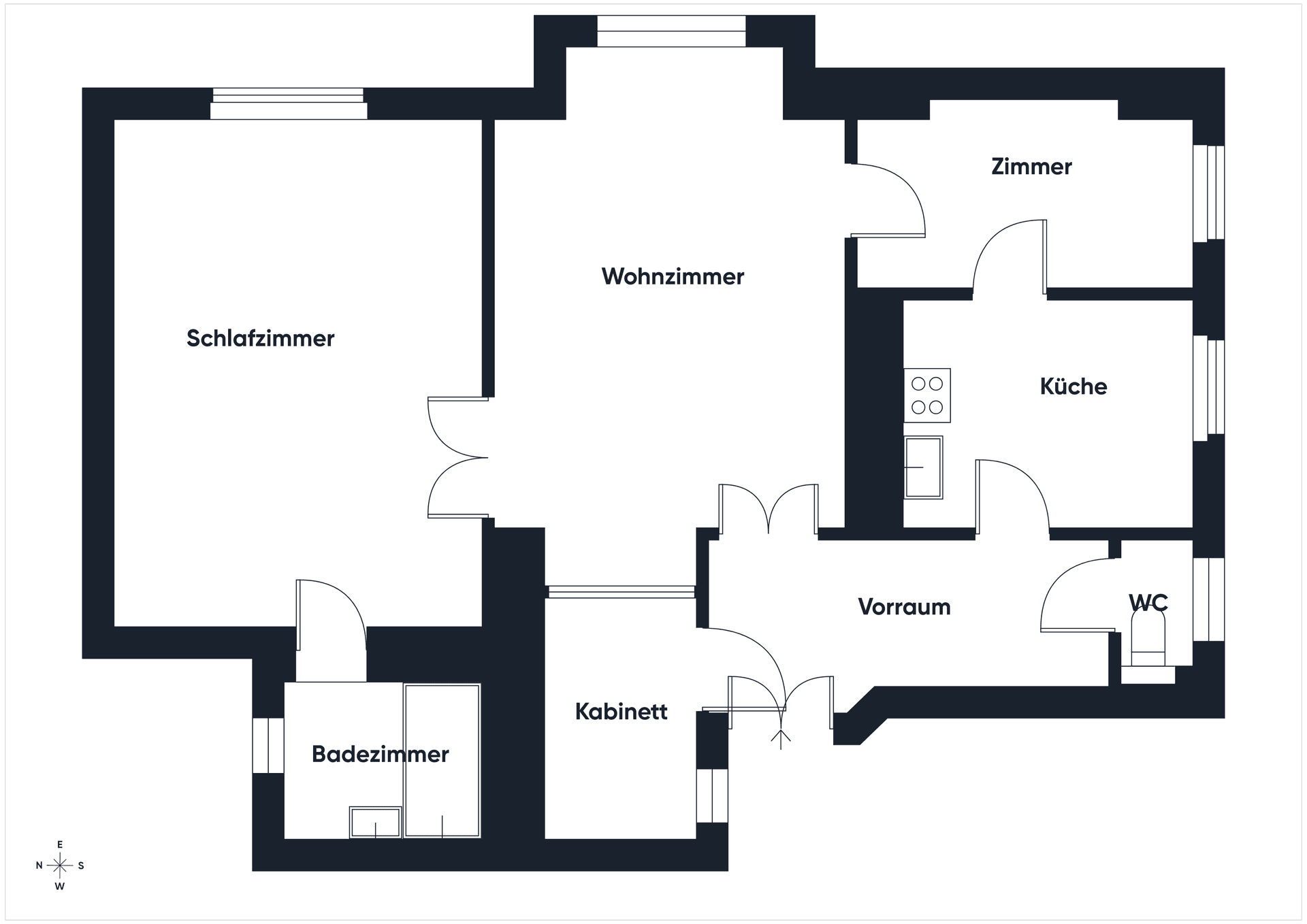 Grundriss einer Wohnung mit Schlafzimmer, Wohnzimmer, Küche, Bad und separatem WC.