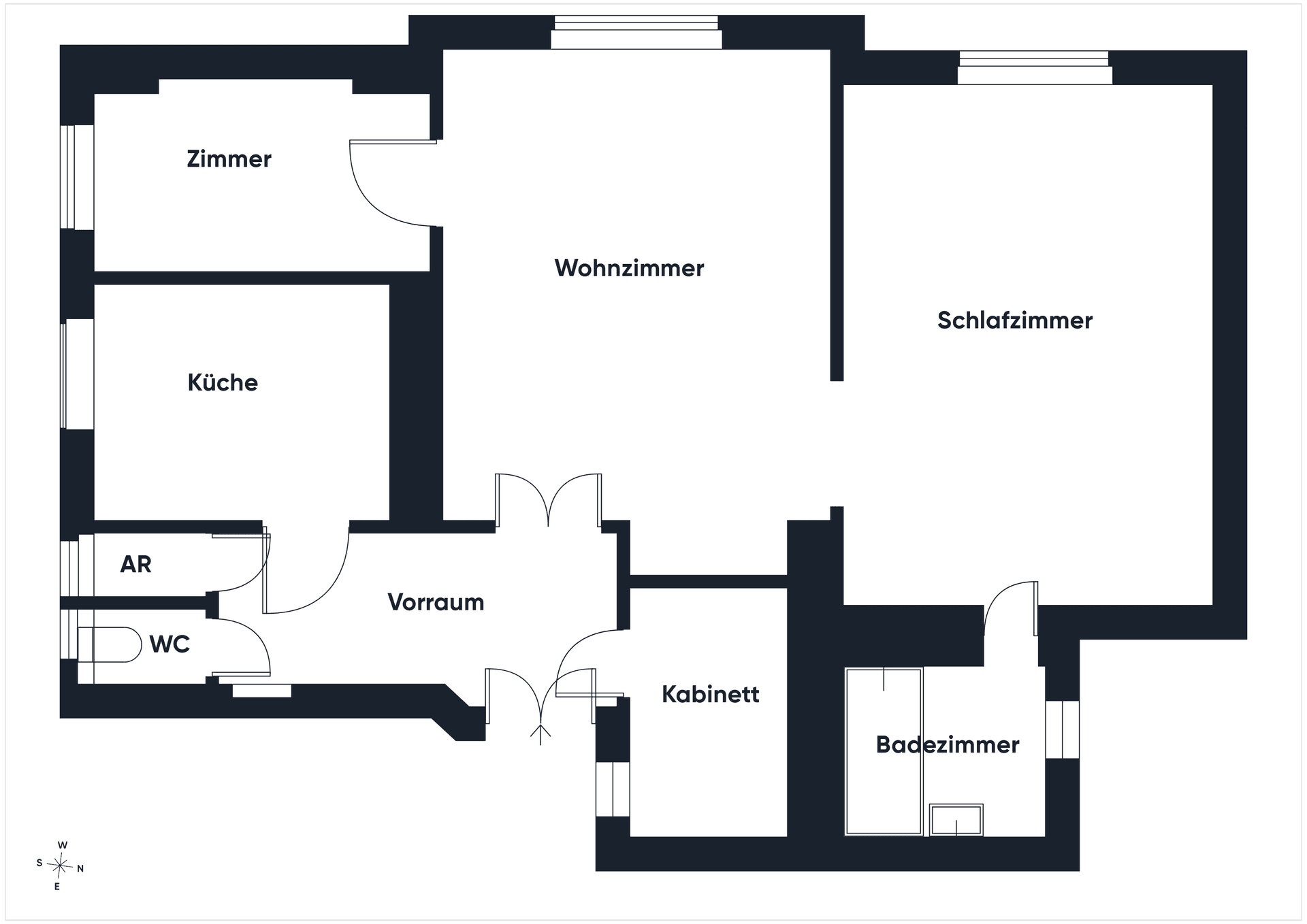 Grundriss einer Wohnung mit mehreren Zimmern, Küche, Bad und separatem WC.