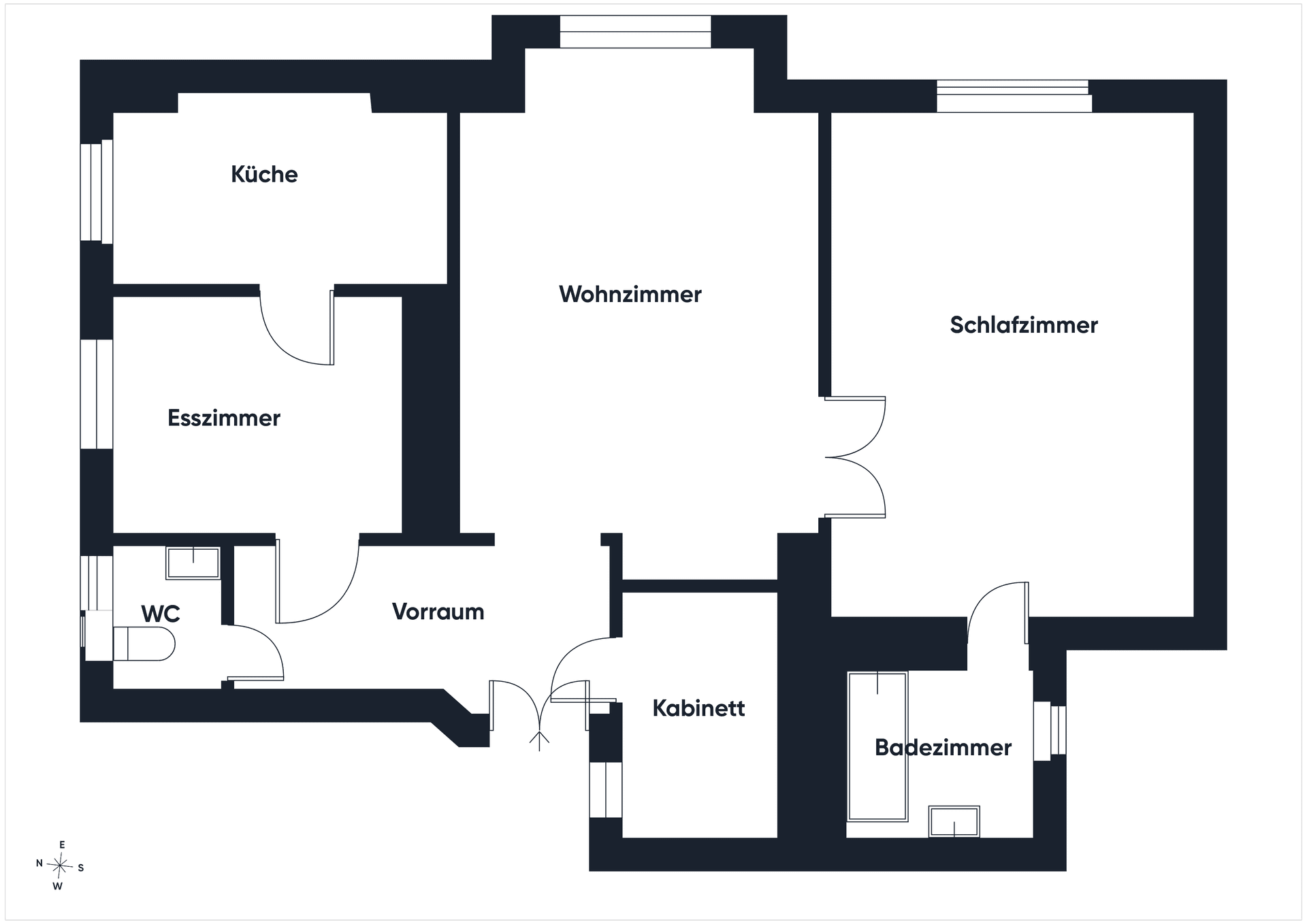 Grundriss der Wohnung mit separater Küche, Esszimmer, Wohnzimmer und zwei Schlafzimmern.