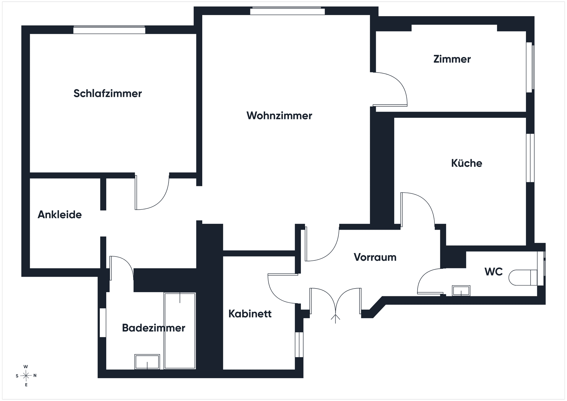Übersichtlicher Grundriss mit Schlafzimmer, Wohnzimmer, Küche und Bad.