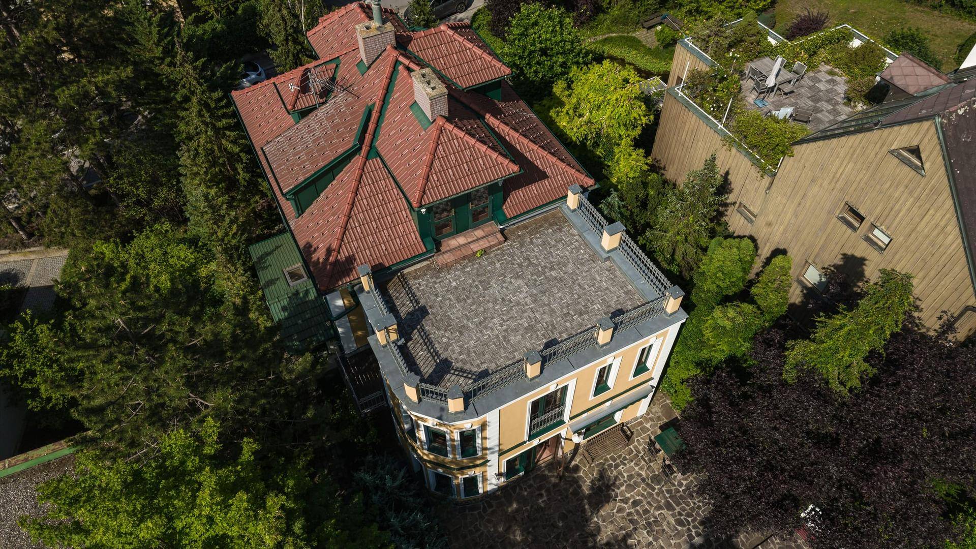 Vogelperspektive der Villa mit großer Dachterrasse und umliegenden Baumkronen.