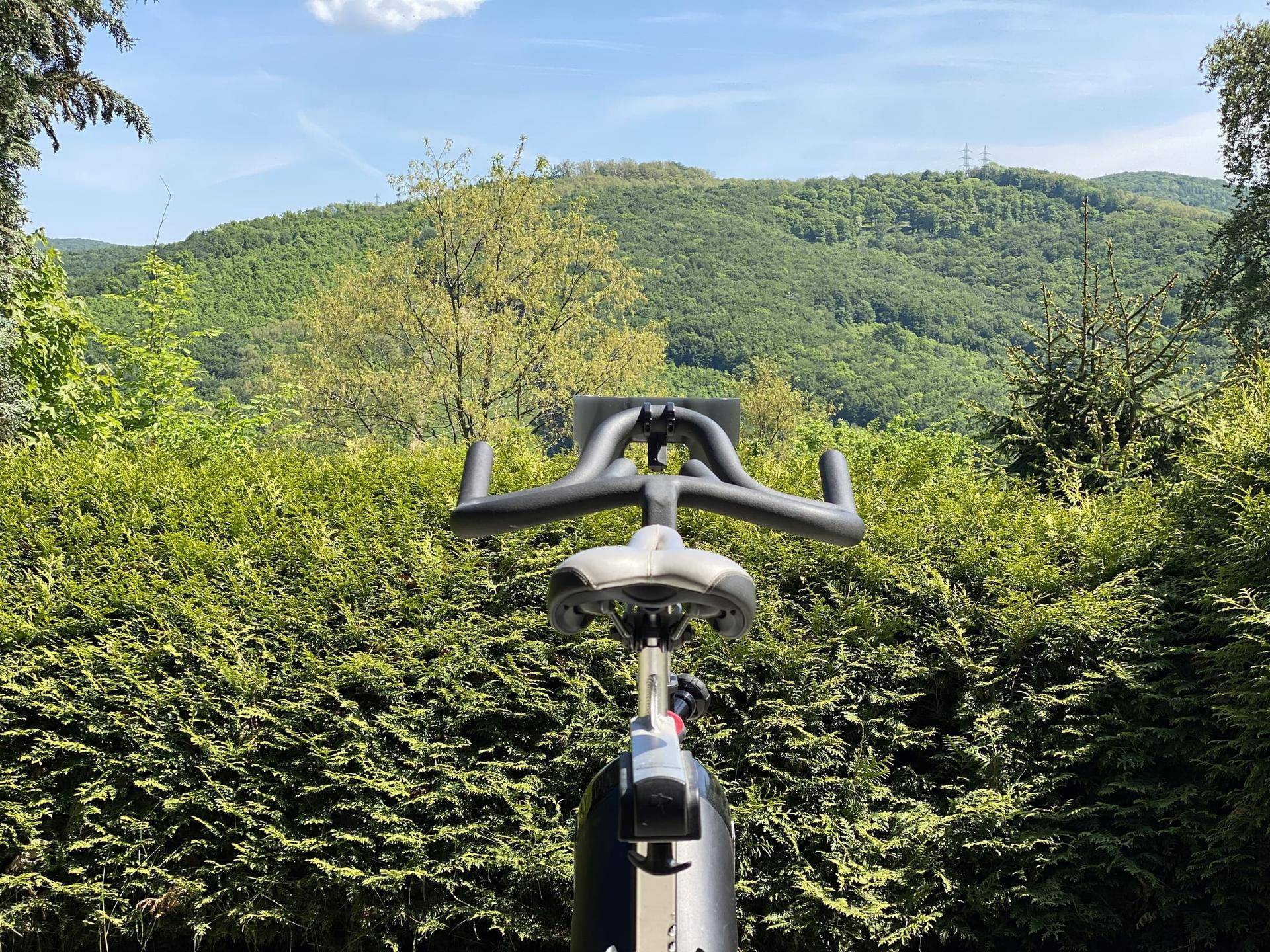 Trainingsbereich im Freien mit Blick auf die bewaldeten Hügel und grüne Hecken.