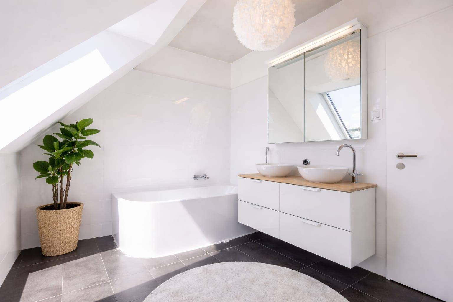 Modernes Badezimmer mit Badewanne, Doppelwaschbecken und Spiegelschrank unter Dachschräge.