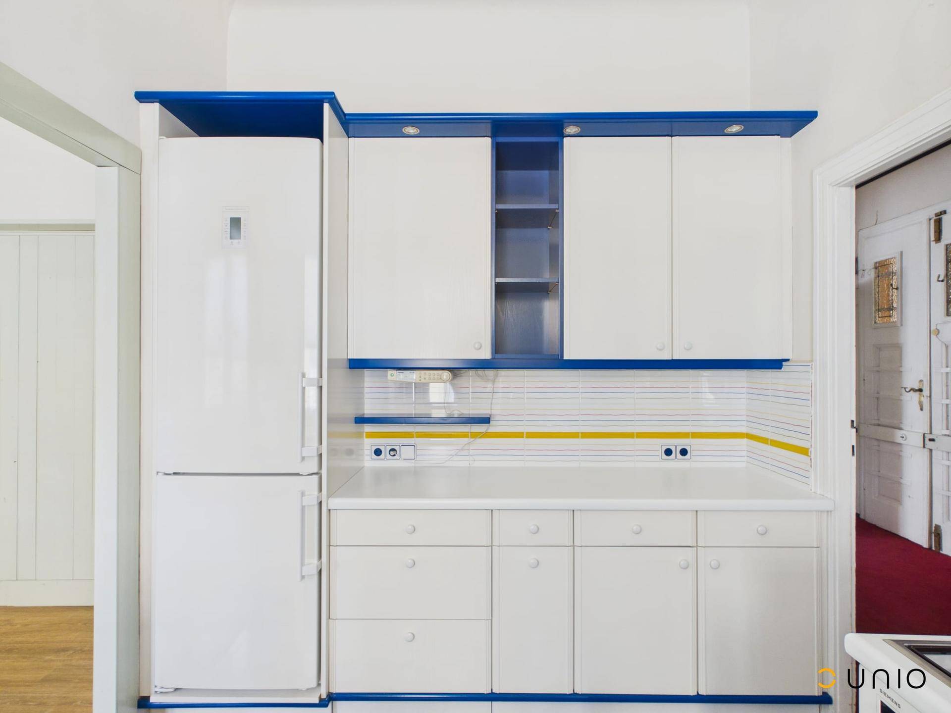 Küchenzeile mit integriertem Kühlschrank und weißen Oberschränken mit blauen Rahmen.