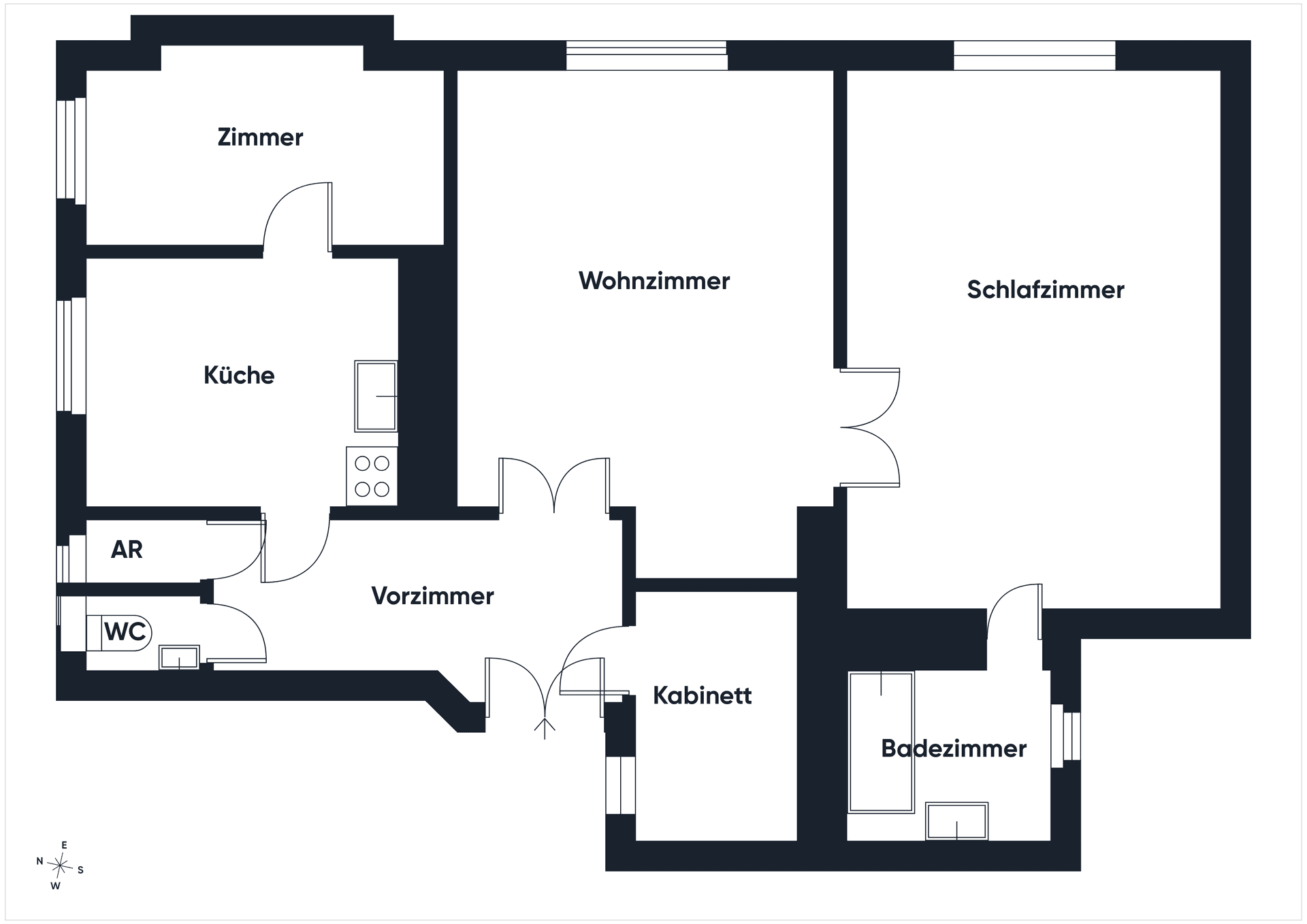 Grundriss der Wohnung mit Zimmern, Küche, Bad und WC, zeigt die Raumaufteilung.