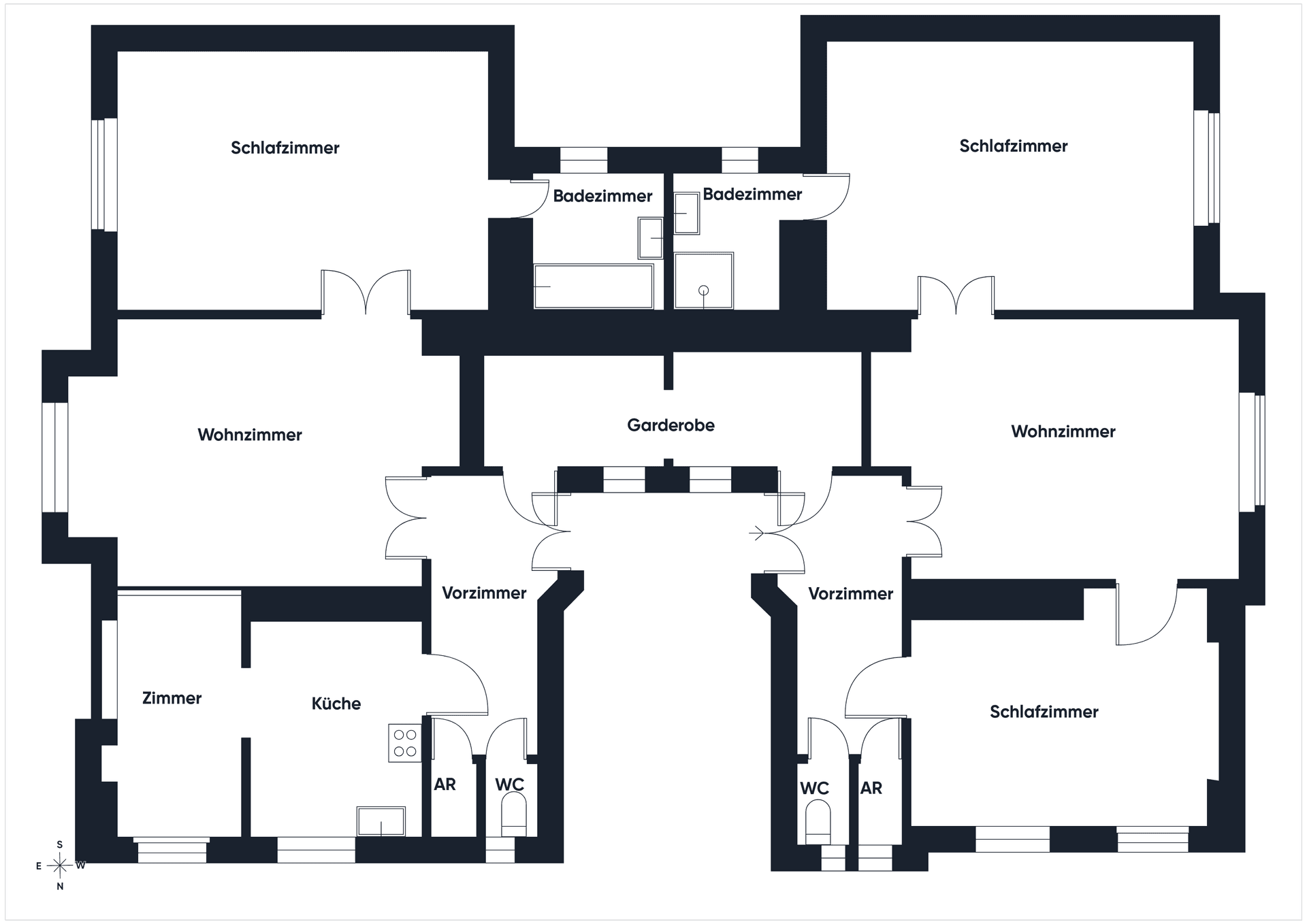 Grundrissplan zeigt eine Wohnung mit mehreren Schlafzimmern, Wohnzimmern und Bädern.