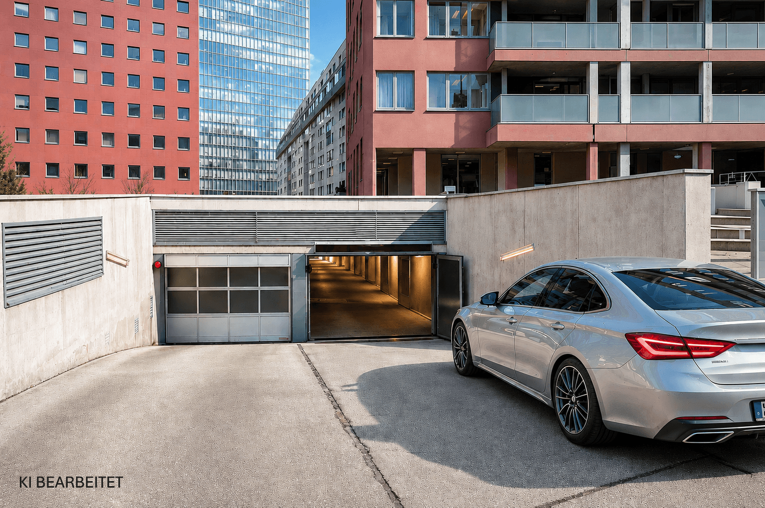 Eingang zur Tiefgarage eines modernen Wohnkomplexes mit umliegenden Gebäuden in urbaner Umgebung.