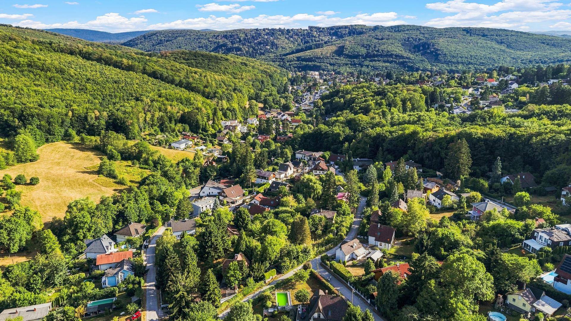 Panoramablick auf ein Dorf in einem Tal, umgeben von dichten Wäldern und grünen Hügeln.