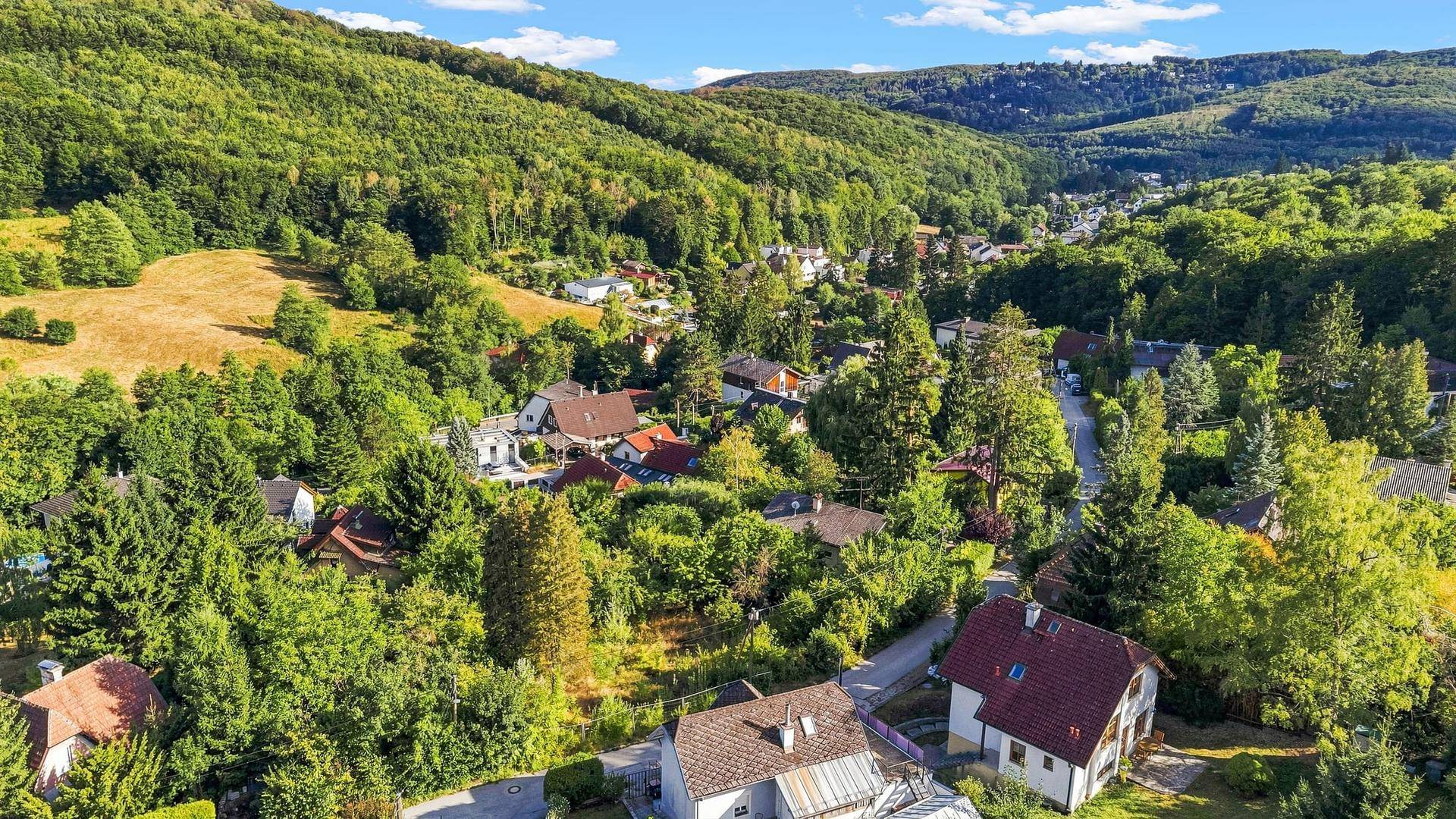 Panoramablick auf ein Dorf in einem Tal, umgeben von dichten Wäldern und grünen Hügeln.