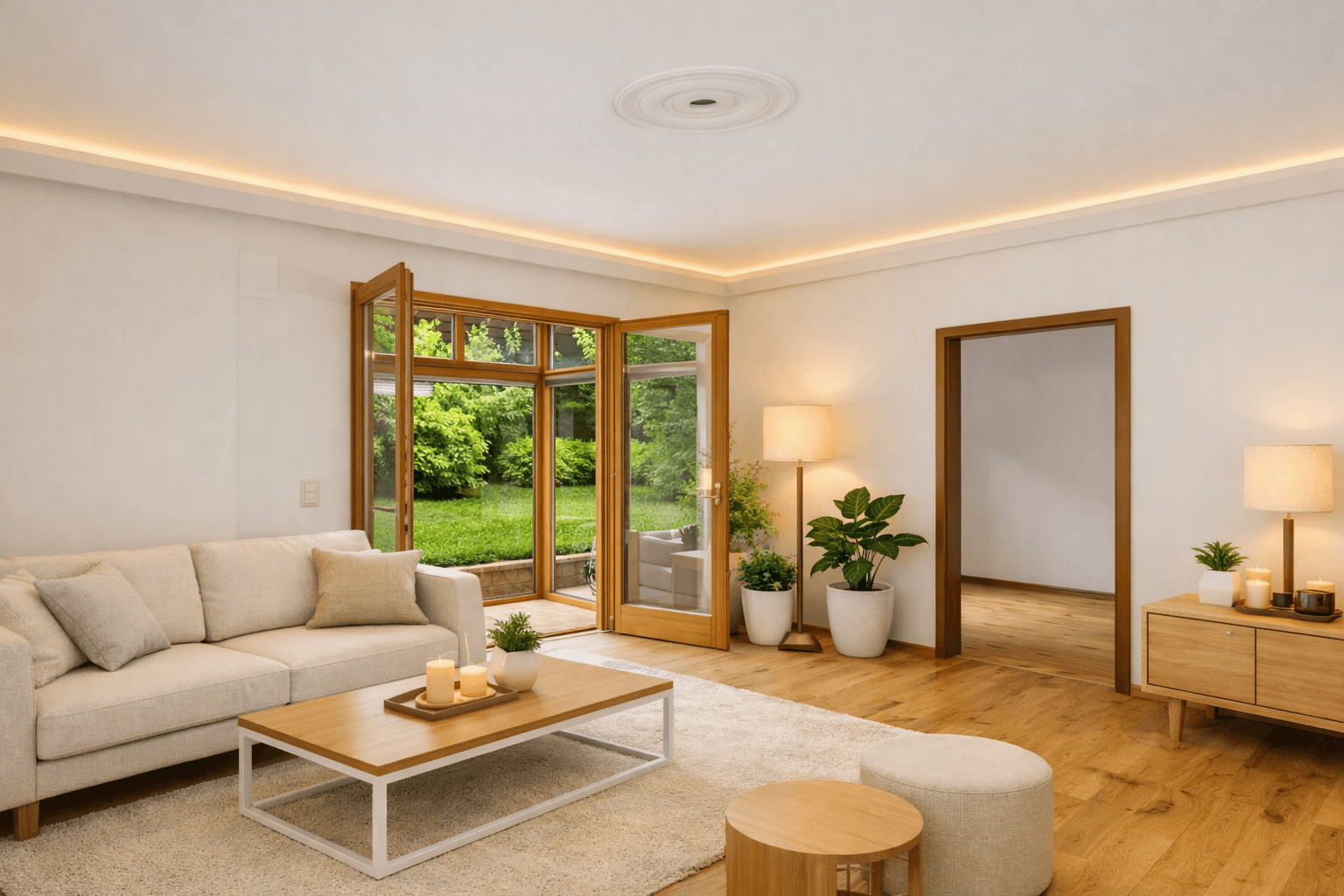 Gemütliches Wohnzimmer mit hellem Sofa, Holzboden und Zugang zum Gartenbereich.