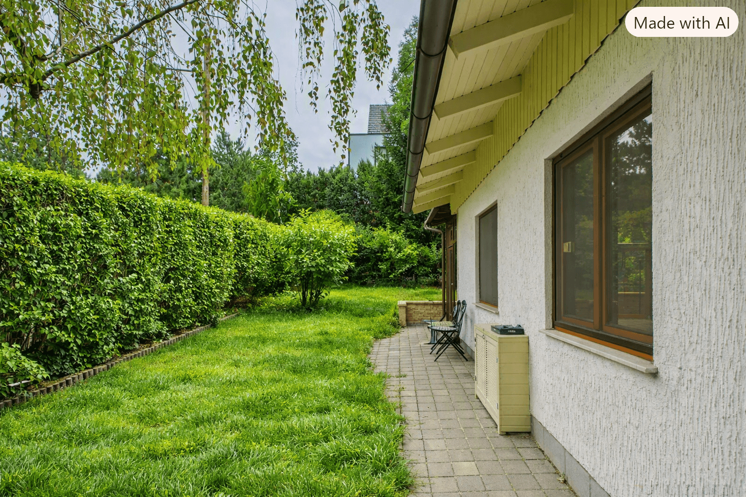 Seitenansicht des Hauses mit gepflegtem Rasen, Hecke und einem kleinen gepflasterten Weg.