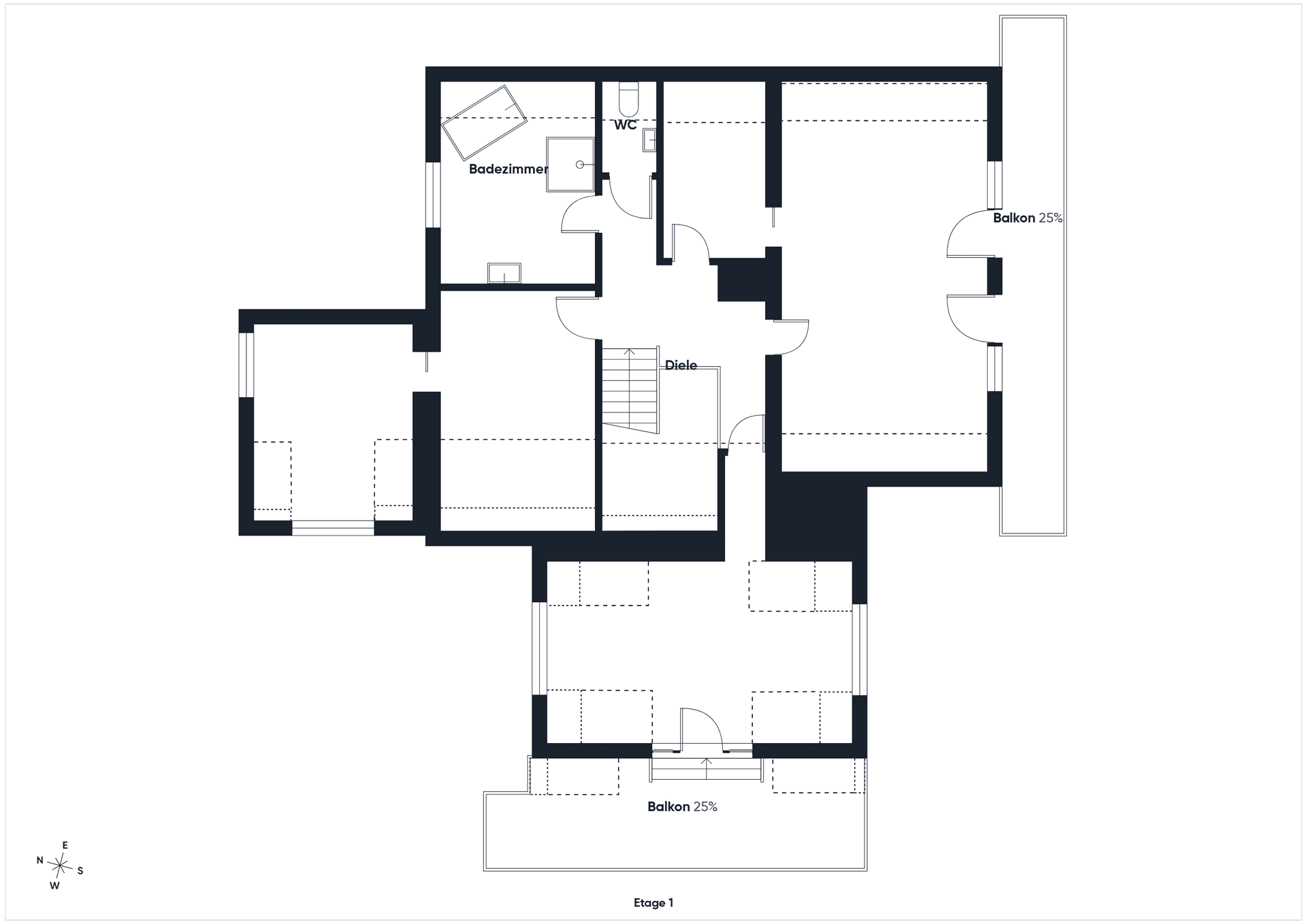 Grundriss der ersten Etage mit Badezimmer, separatem WC und zwei Balkonen.