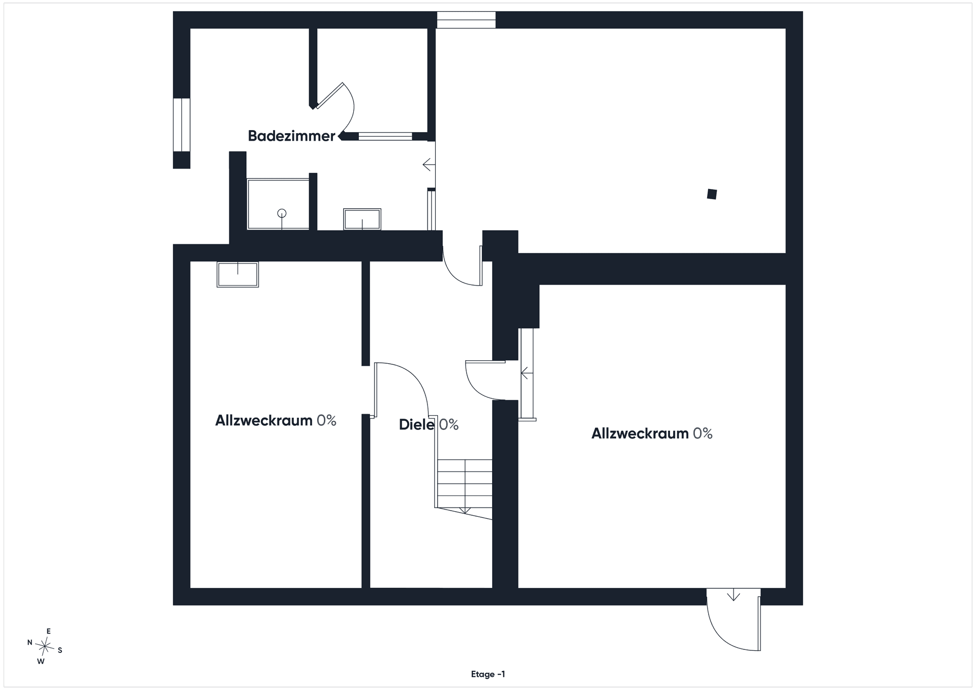 Grundriss des Untergeschosses mit Badezimmer und zwei vielseitig nutzbaren Allzweckräumen.