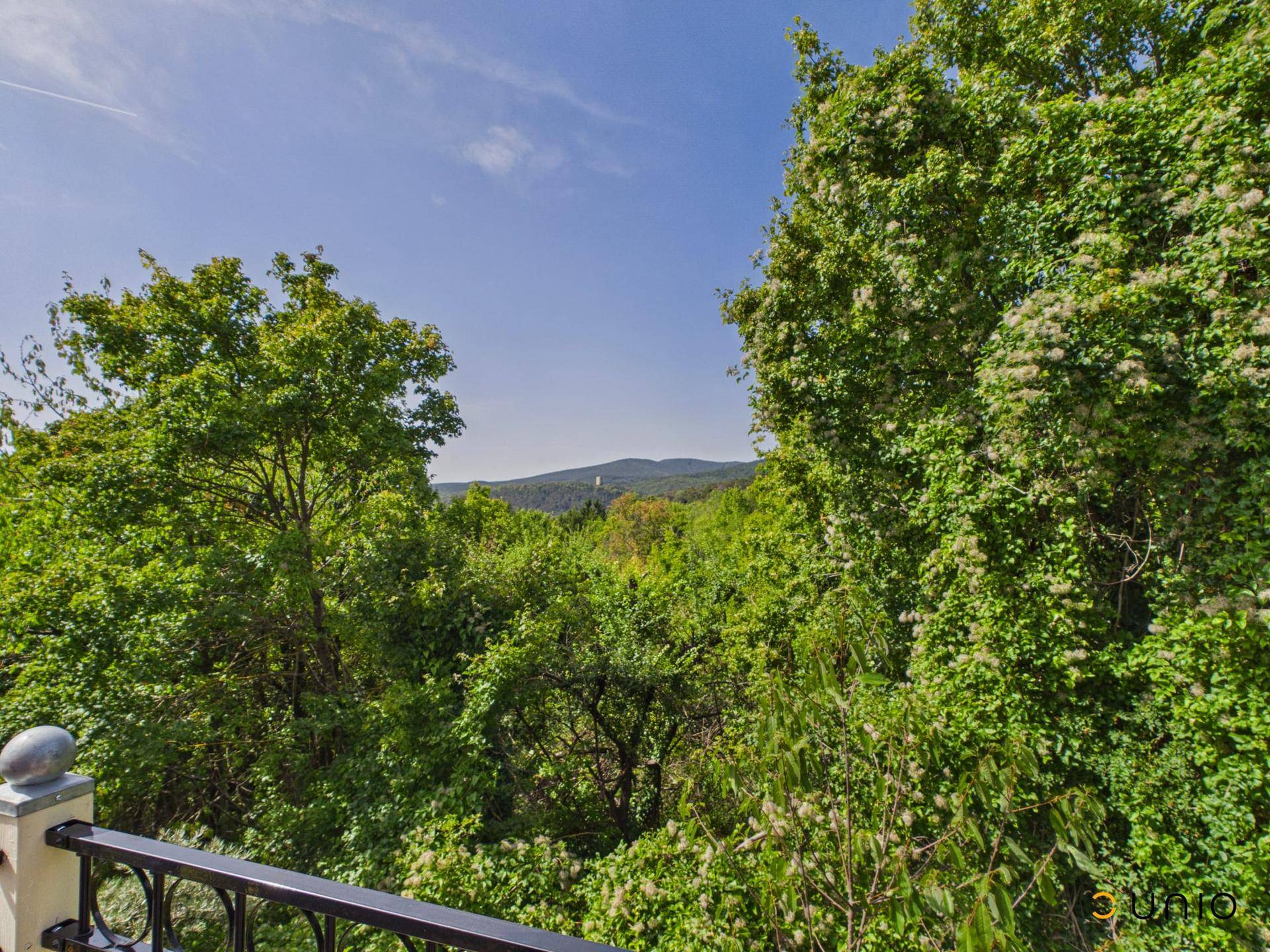 Malerischer Ausblick von einem Balkon auf eine grüne Hügellandschaft unter blauem Himmel.