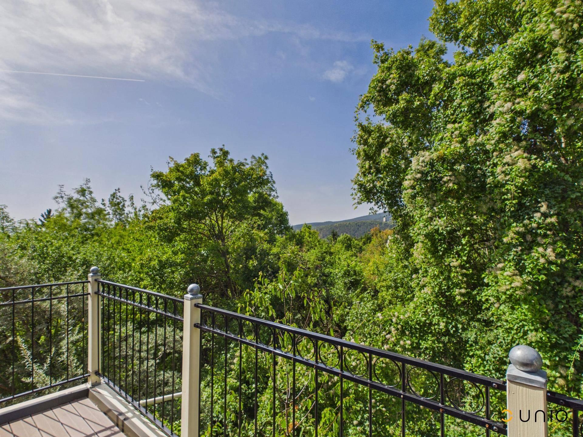 Weitläufiger Blick von einem Balkon über üppige Baumwipfel und eine sanfte Hügellandschaft.