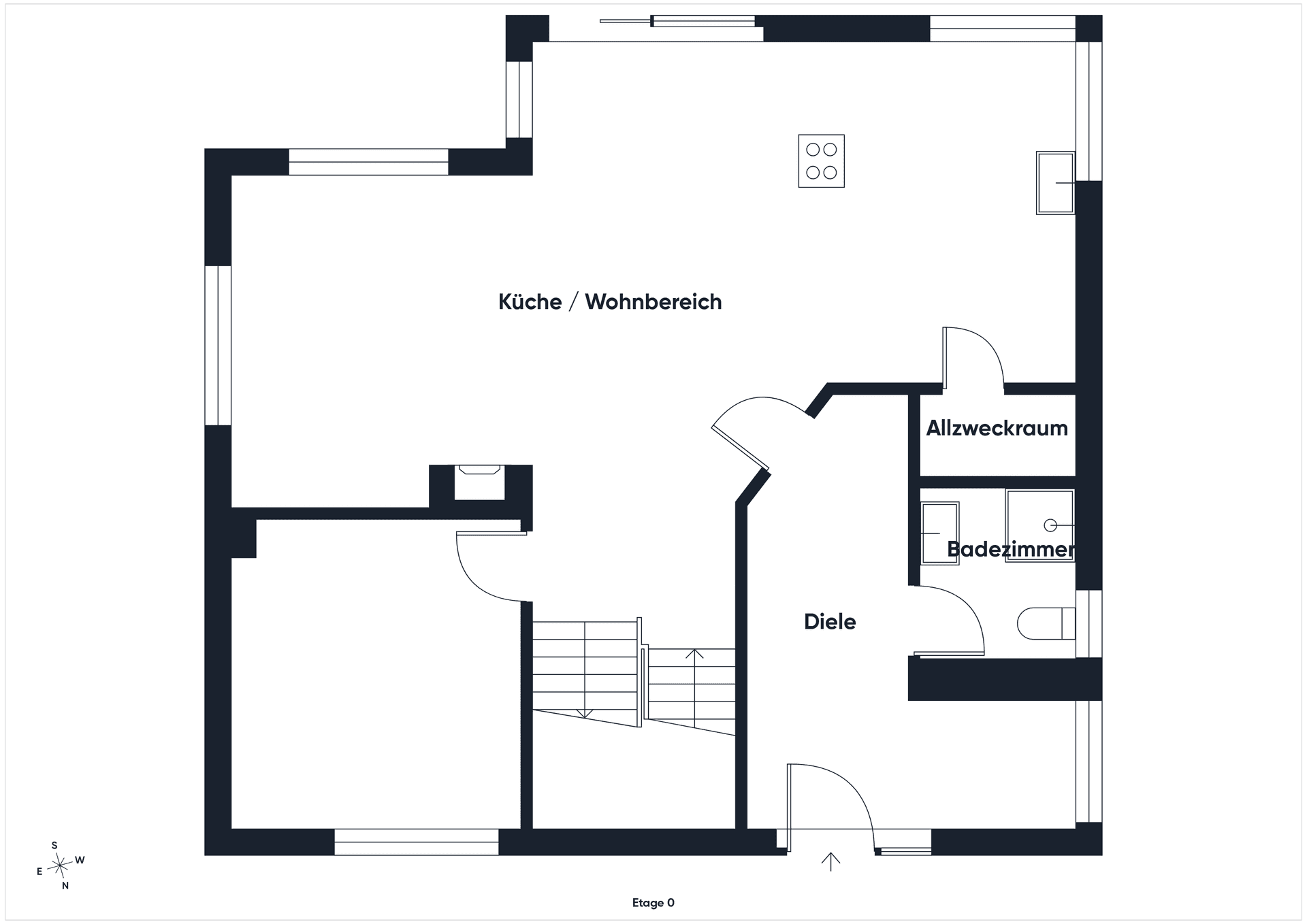 Grundriss des Erdgeschosses mit Küche, Wohnbereich, Allzweckraum und Badezimmer.