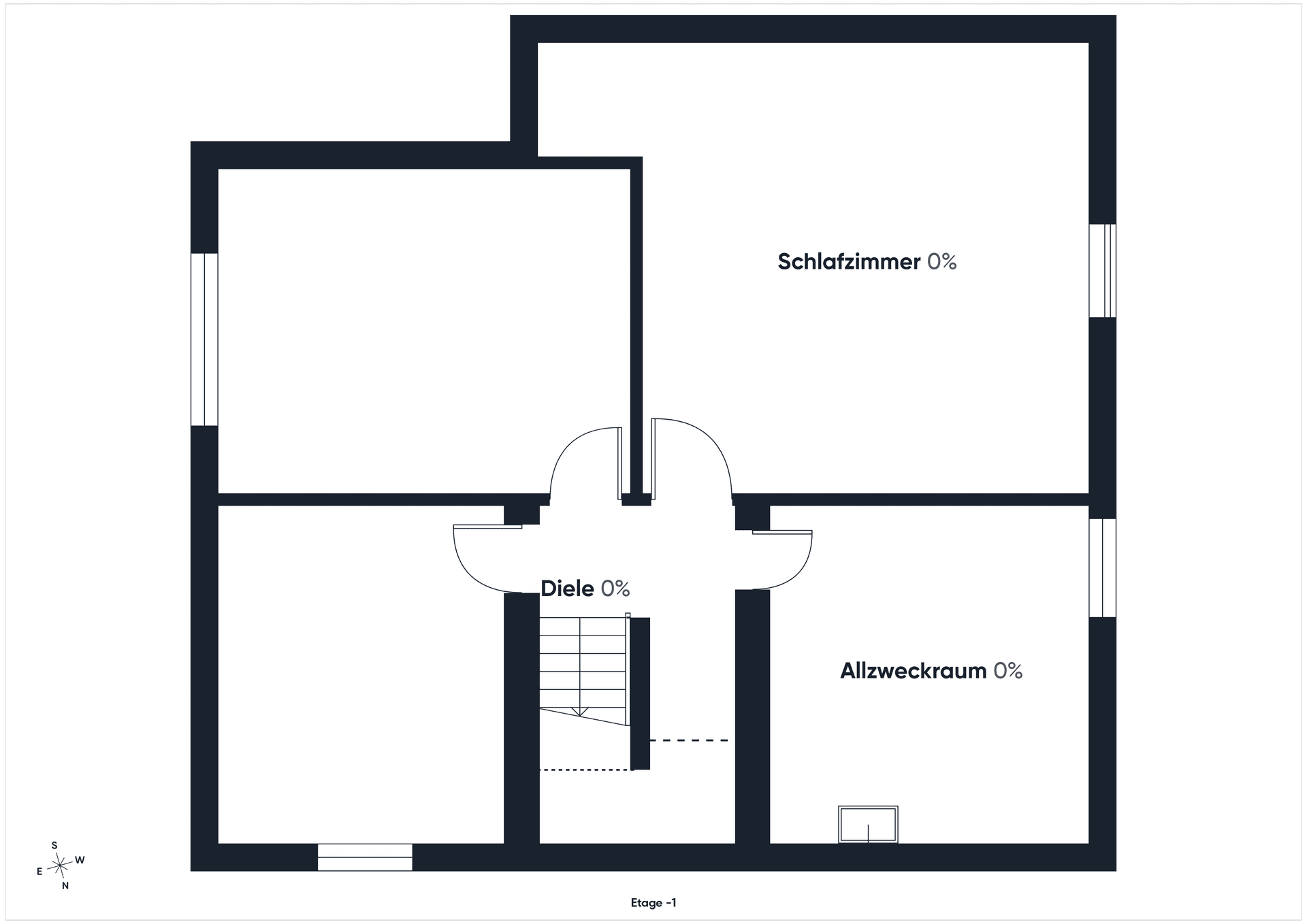 Grundriss des Untergeschosses mit Schlafzimmer, Diele und Allzweckraum.