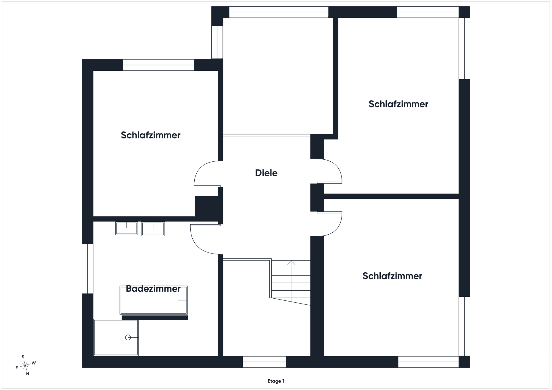 Grundriss der ersten Etage mit drei Schlafzimmern und einem Badezimmer.