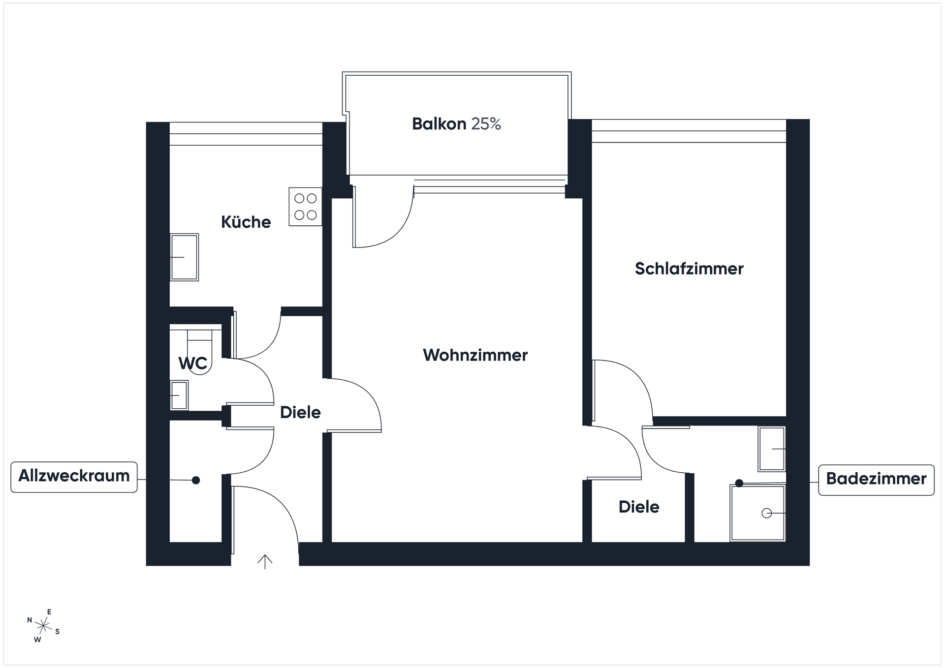 Grundriss einer Wohnung mit Wohnzimmer, Schlafzimmer, Küche, Bad und Balkon.
