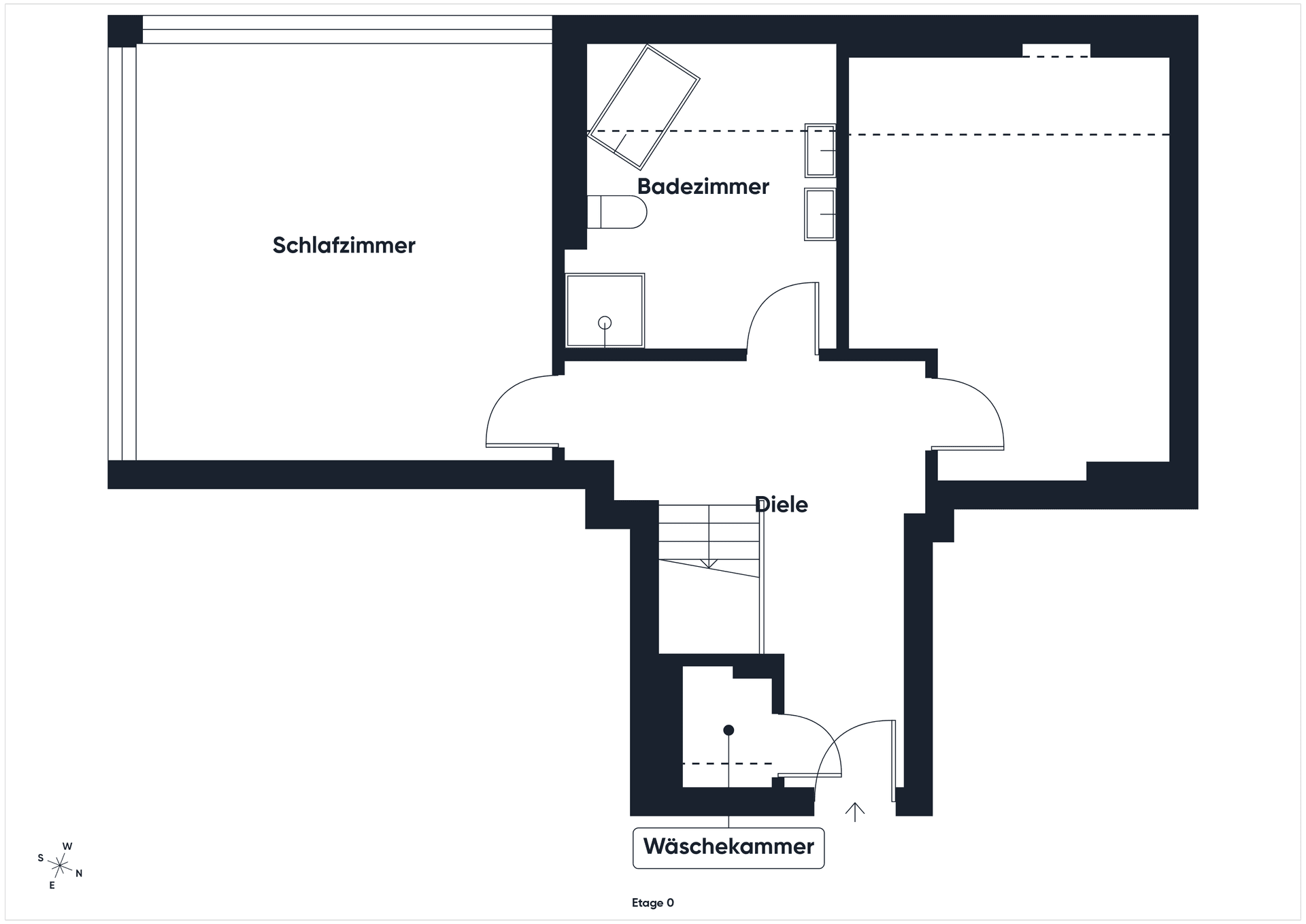 Grundriss der unteren Etage mit Schlafzimmer, Badezimmer und Diele.