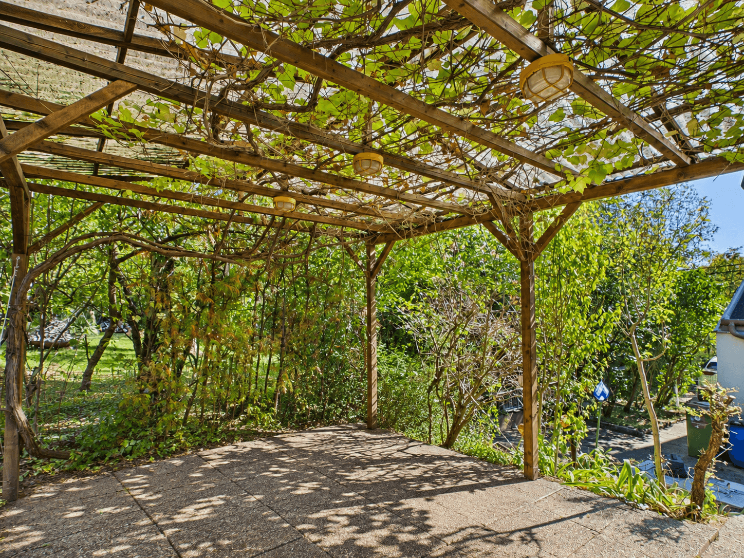 Überdachte Terrasse mit Pergola und üppigem Bewuchs, ideal für entspannte Stunden im Freien.