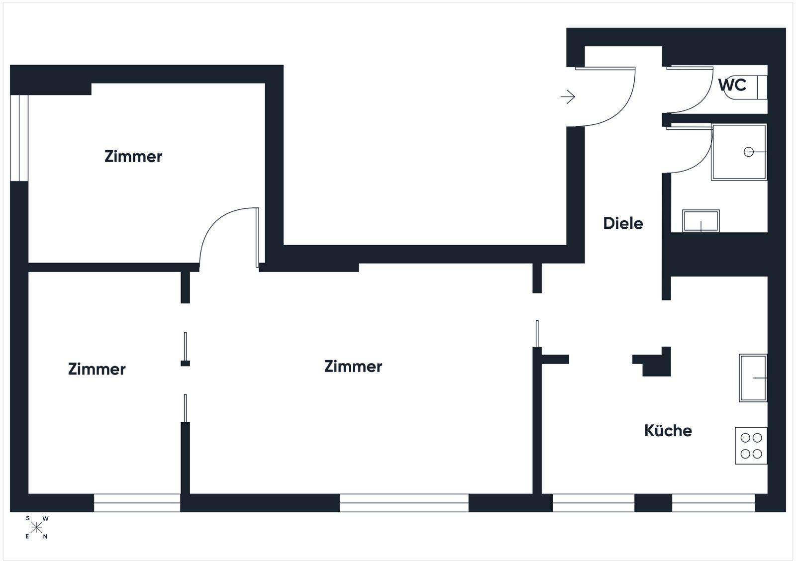 Grundrissplan einer Wohnung mit drei Zimmern, Küche, Diele und separatem WC.