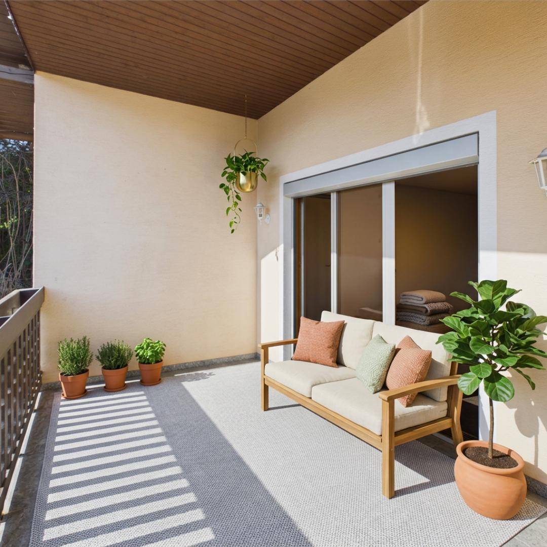 Geräumiger Balkon mit Sitzbank, Pflanzen und Blick auf die grüne Umgebung.