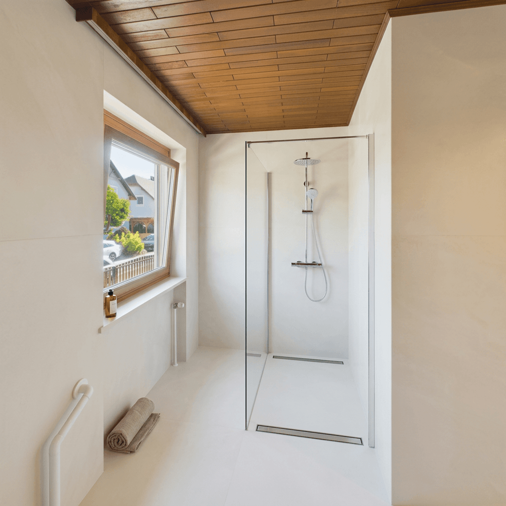 Helles Badezimmer mit begehbarer Dusche, Holzdecke, Fenster und Haltegriffen.